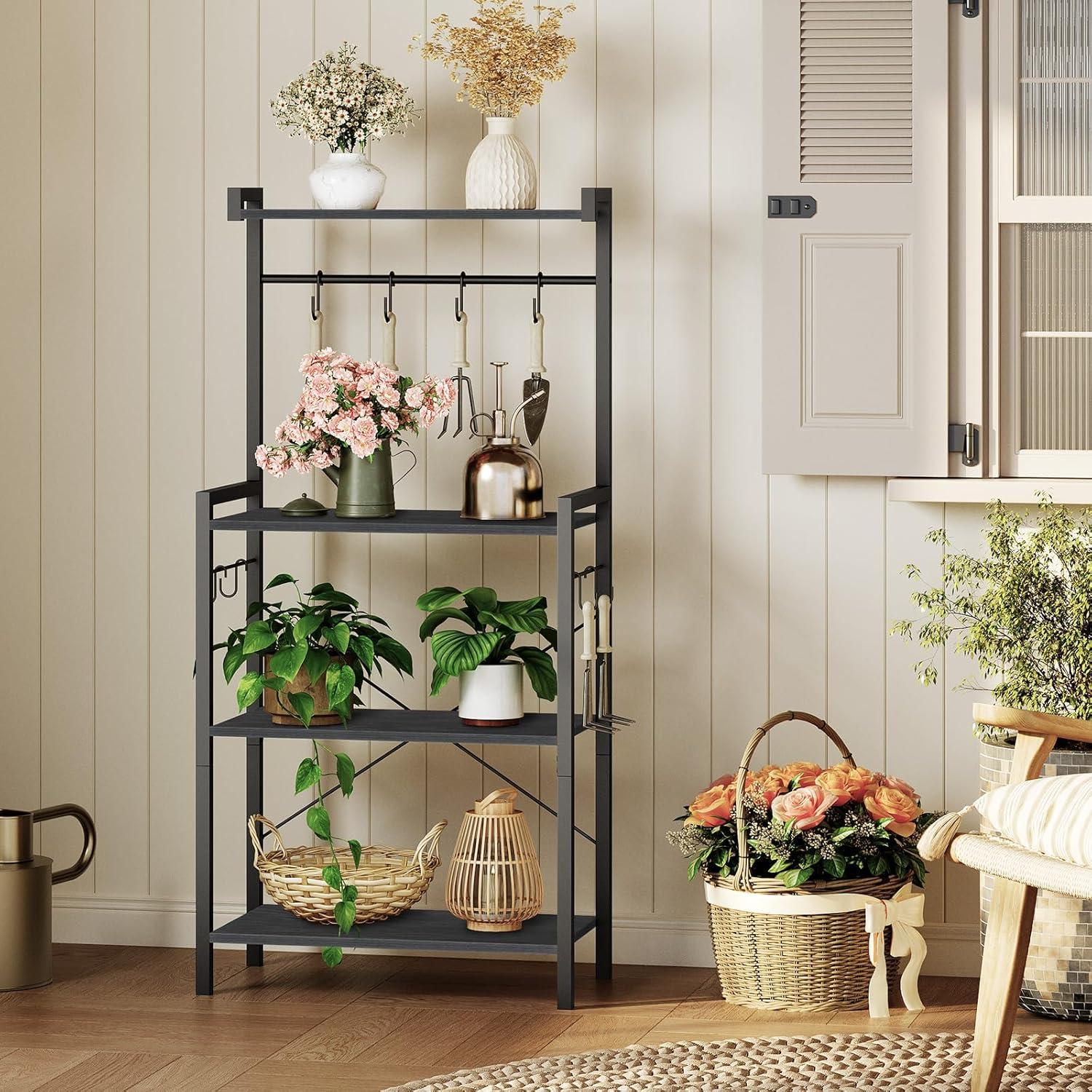 imageHOOBRO Kitchen Bakers Rack with Storage 4 Tiers Coffee Bar Station Microwave Stand with 8 SShaped Hooks Kitchen Storage Shelf Rack for Small Spaces Rustic Brown and Black BF04HB01Black