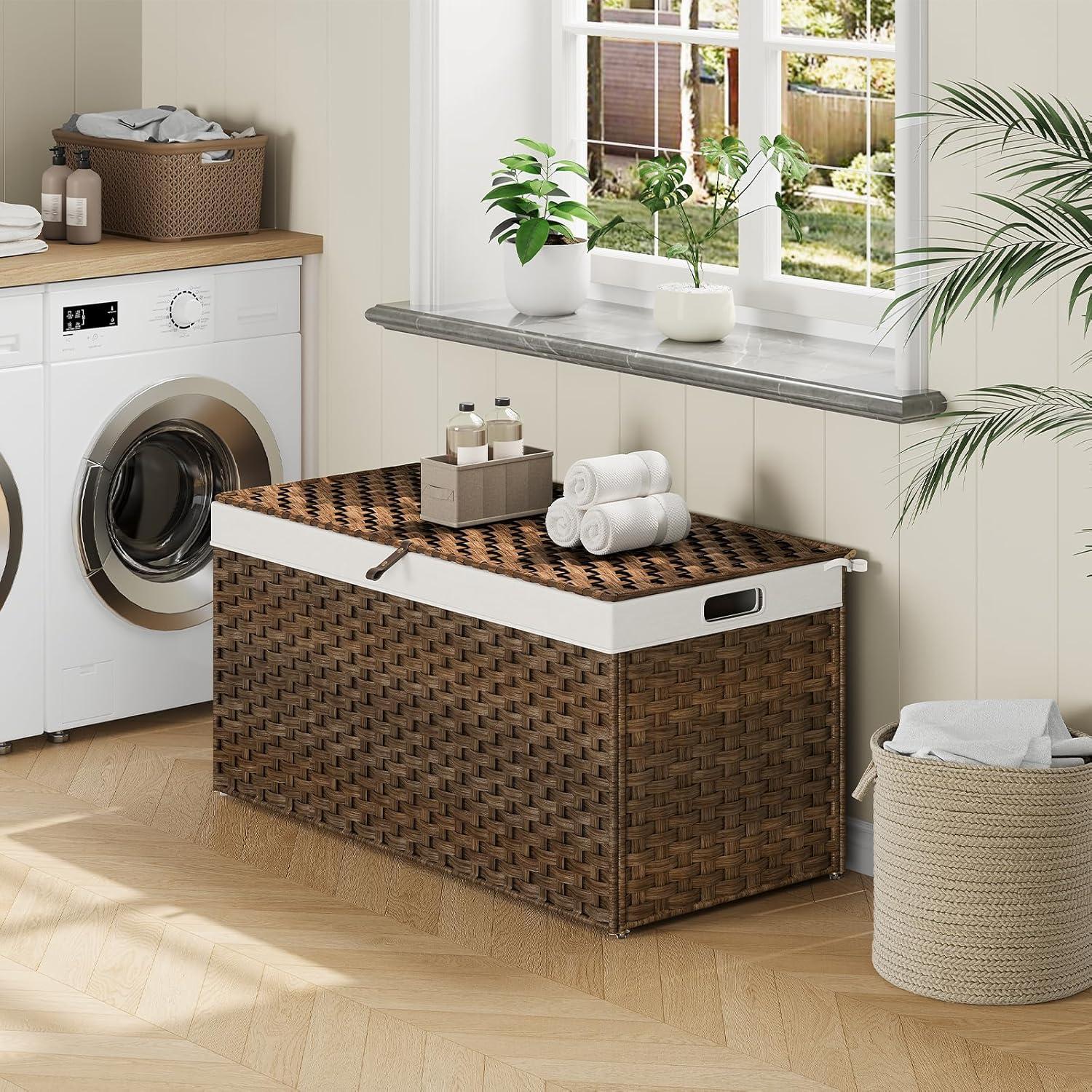 imageHOOBRO Storage Basket with Lid 172 Gallon 65L Wicker Basket Handwoven Blanket Storage Basket with Handles Metal Frame and Soft Lining Foldable for Bedroom Laundry Room Natural NL265CW01Brown