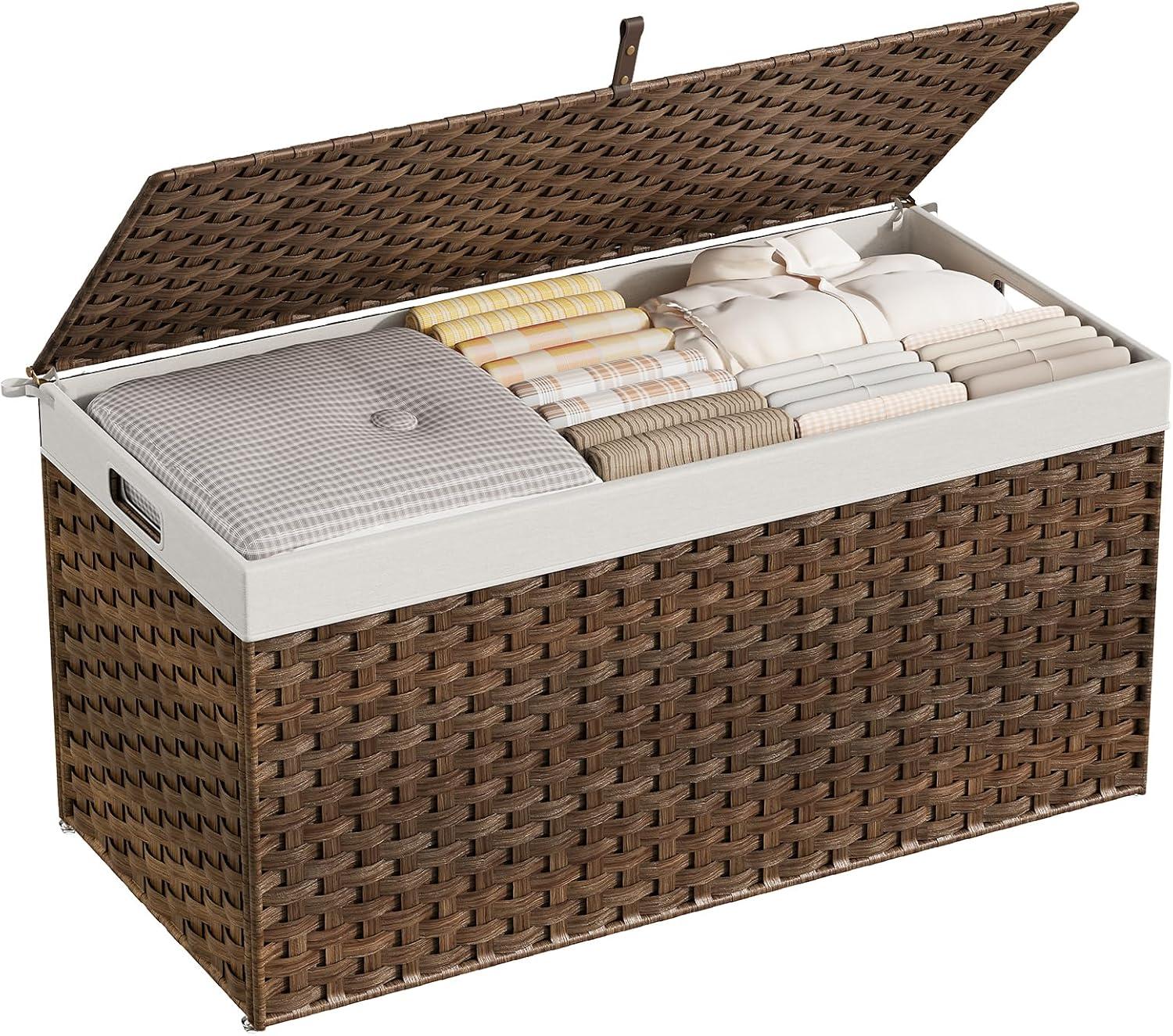 imageHOOBRO Storage Basket with Lid 172 Gallon 65L Wicker Basket Handwoven Blanket Storage Basket with Handles Metal Frame and Soft Lining Foldable for Bedroom Laundry Room Natural NL265CW01Brown
