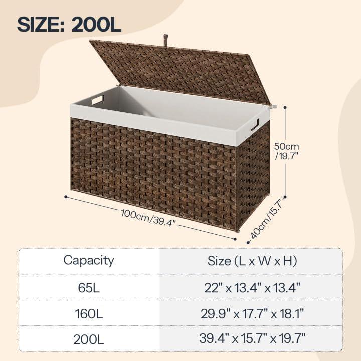imageHOOBRO Storage Basket with Lid 172 Gallon 65L Wicker Basket Handwoven Blanket Storage Basket with Handles Metal Frame and Soft Lining Foldable for Bedroom Laundry Room Natural NL265CW01Brown