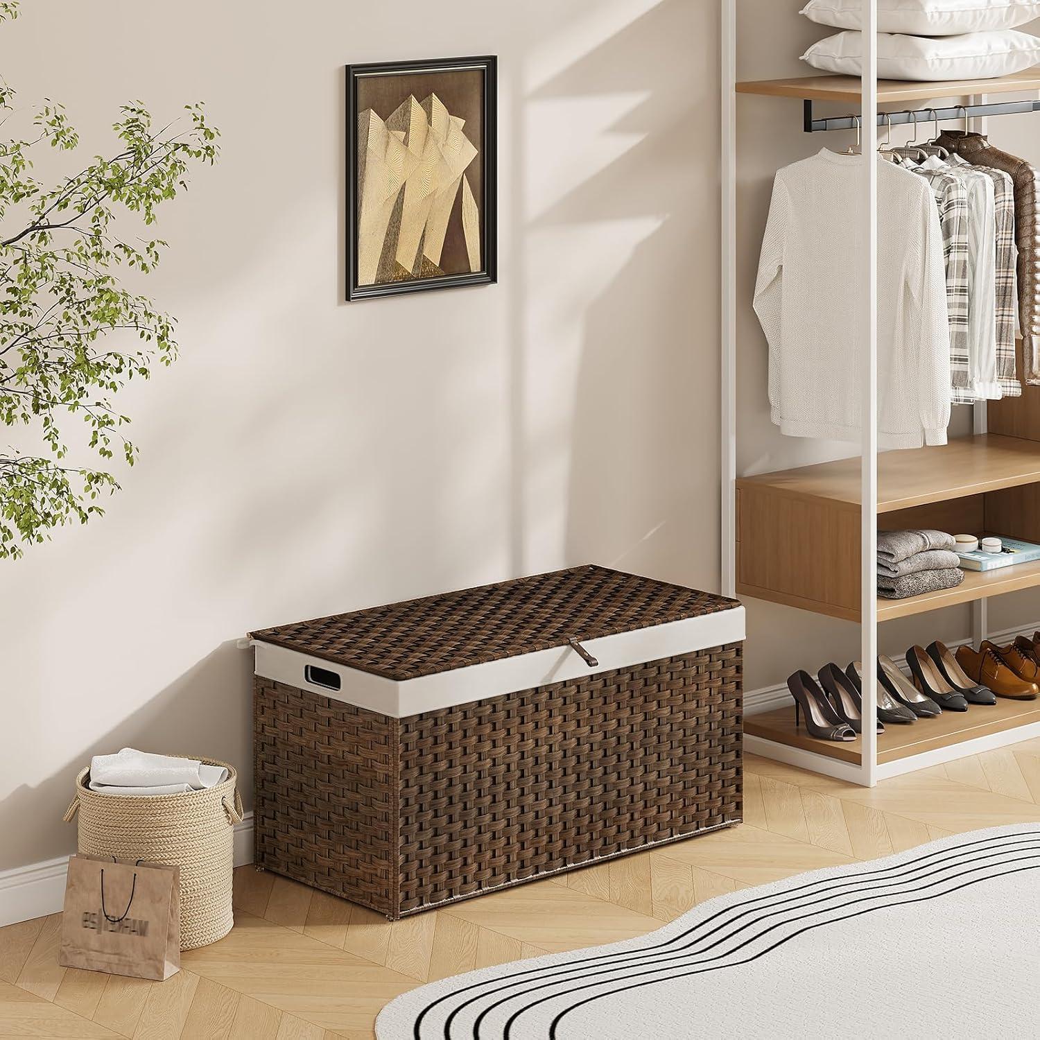 imageHOOBRO Storage Basket with Lid 172 Gallon 65L Wicker Basket Handwoven Blanket Storage Basket with Handles Metal Frame and Soft Lining Foldable for Bedroom Laundry Room Natural NL265CW01Brown