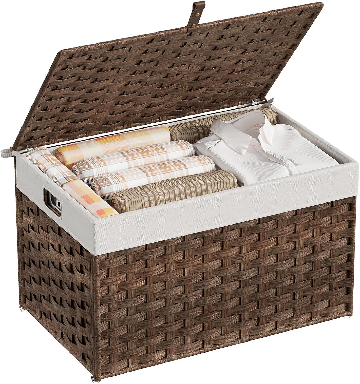 imageHOOBRO Storage Basket with Lid 172 Gallon 65L Wicker Basket Handwoven Blanket Storage Basket with Handles Metal Frame and Soft Lining Foldable for Bedroom Laundry Room Natural NL265CW01Brown
