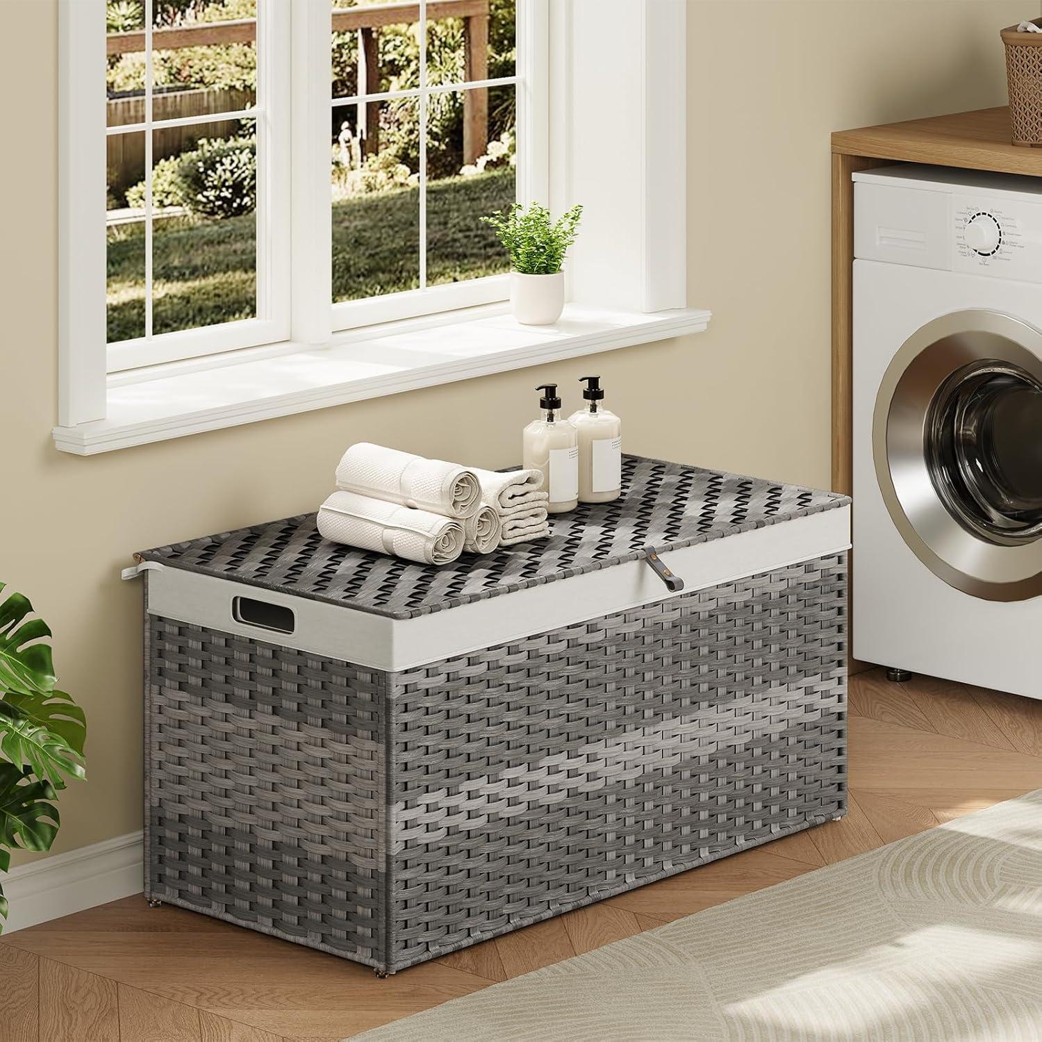 imageHOOBRO Storage Basket with Lid 172 Gallon 65L Wicker Basket Handwoven Blanket Storage Basket with Handles Metal Frame and Soft Lining Foldable for Bedroom Laundry Room Natural NL265CW01Gray