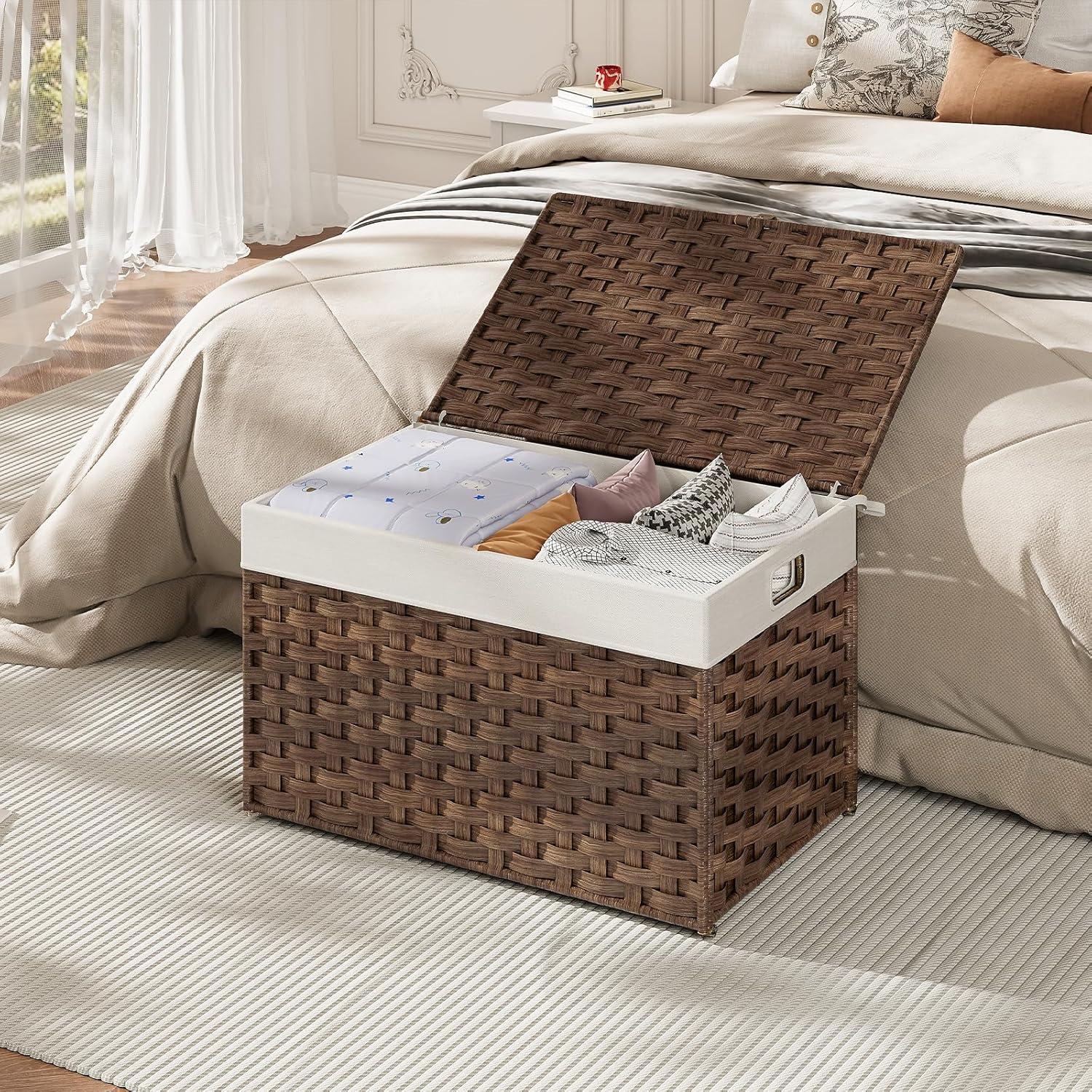imageHOOBRO Storage Basket with Lid 172 Gallon 65L Wicker Basket Handwoven Blanket Storage Basket with Handles Metal Frame and Soft Lining Foldable for Bedroom Laundry Room Natural NL265CW01Brown