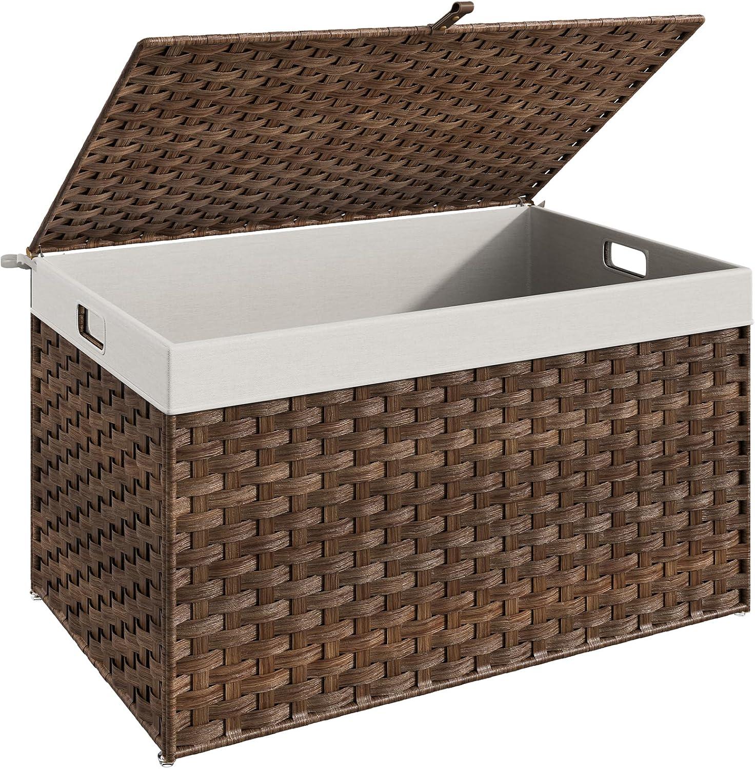 imageHOOBRO Storage Basket with Lid 172 Gallon 65L Wicker Basket Handwoven Blanket Storage Basket with Handles Metal Frame and Soft Lining Foldable for Bedroom Laundry Room Natural NL265CW01Brown