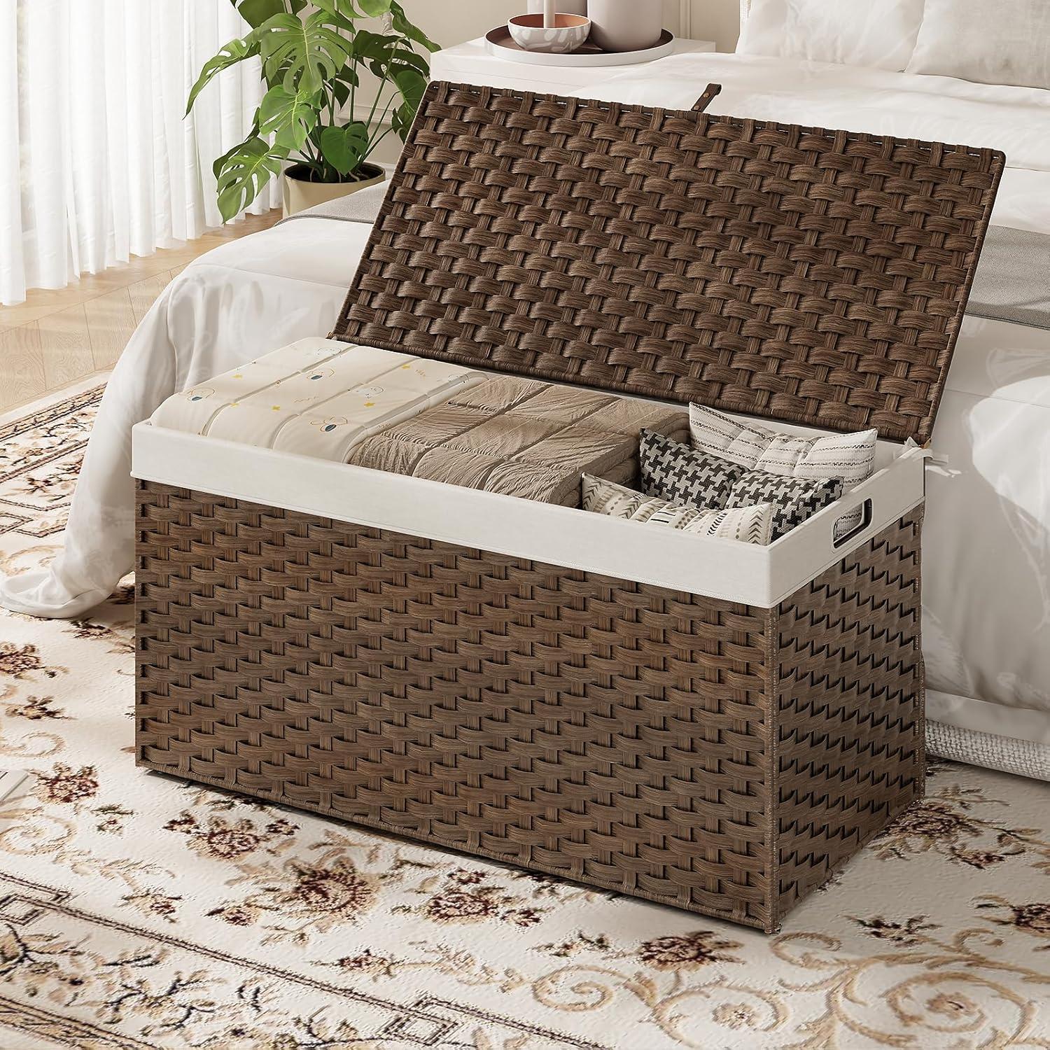 imageHOOBRO Storage Basket with Lid 172 Gallon 65L Wicker Basket Handwoven Blanket Storage Basket with Handles Metal Frame and Soft Lining Foldable for Bedroom Laundry Room Natural NL265CW01Brown