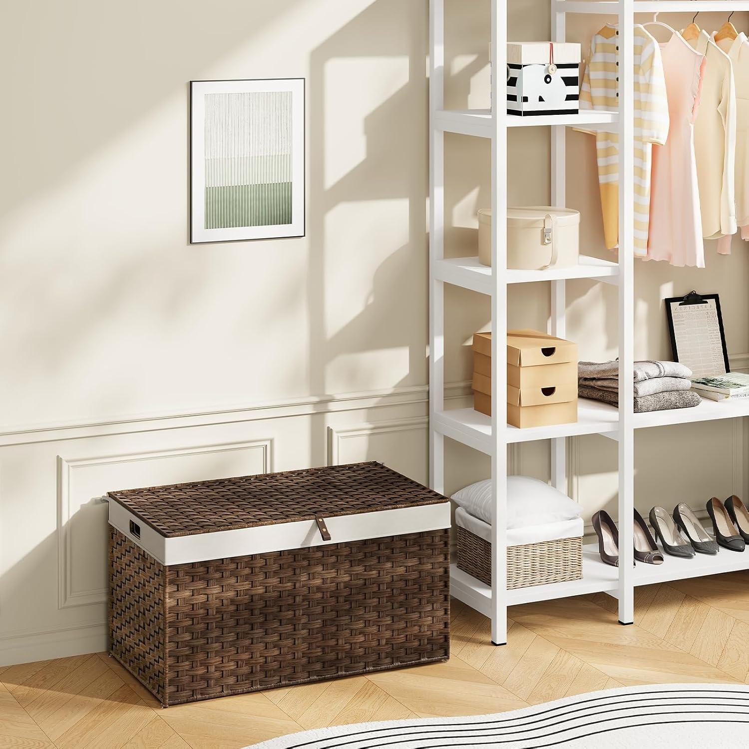 imageHOOBRO Storage Basket with Lid 172 Gallon 65L Wicker Basket Handwoven Blanket Storage Basket with Handles Metal Frame and Soft Lining Foldable for Bedroom Laundry Room Natural NL265CW01Brown