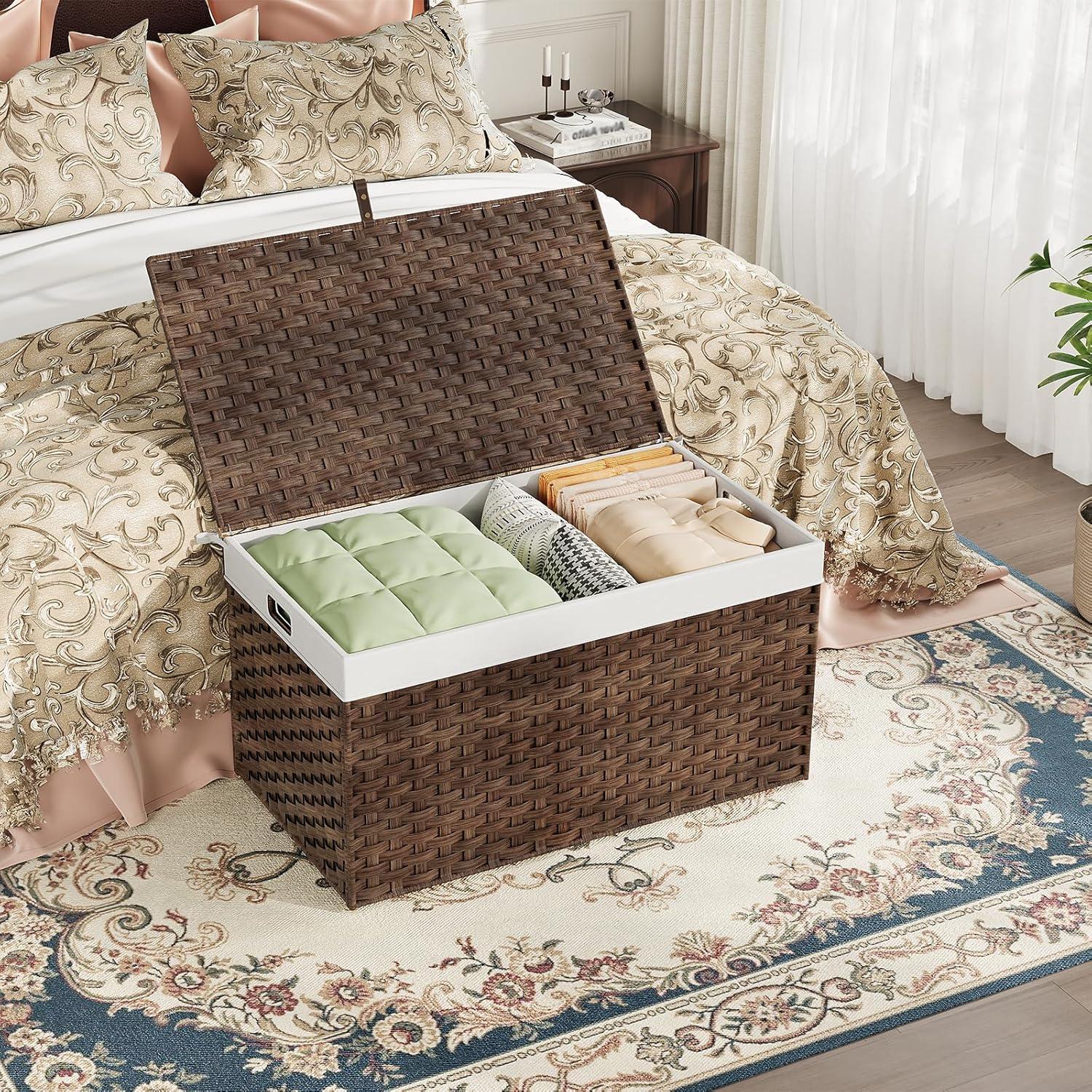 imageHOOBRO Storage Basket with Lid 172 Gallon 65L Wicker Basket Handwoven Blanket Storage Basket with Handles Metal Frame and Soft Lining Foldable for Bedroom Laundry Room Natural NL265CW01Brown