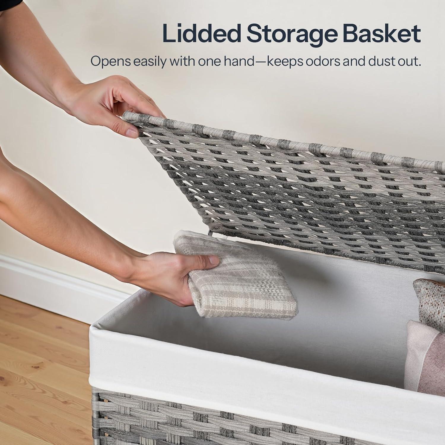 imageHOOBRO Storage Basket with Lid 172 Gallon 65L Wicker Basket Handwoven Blanket Storage Basket with Handles Metal Frame and Soft Lining Foldable for Bedroom Laundry Room Natural NL265CW01Gray