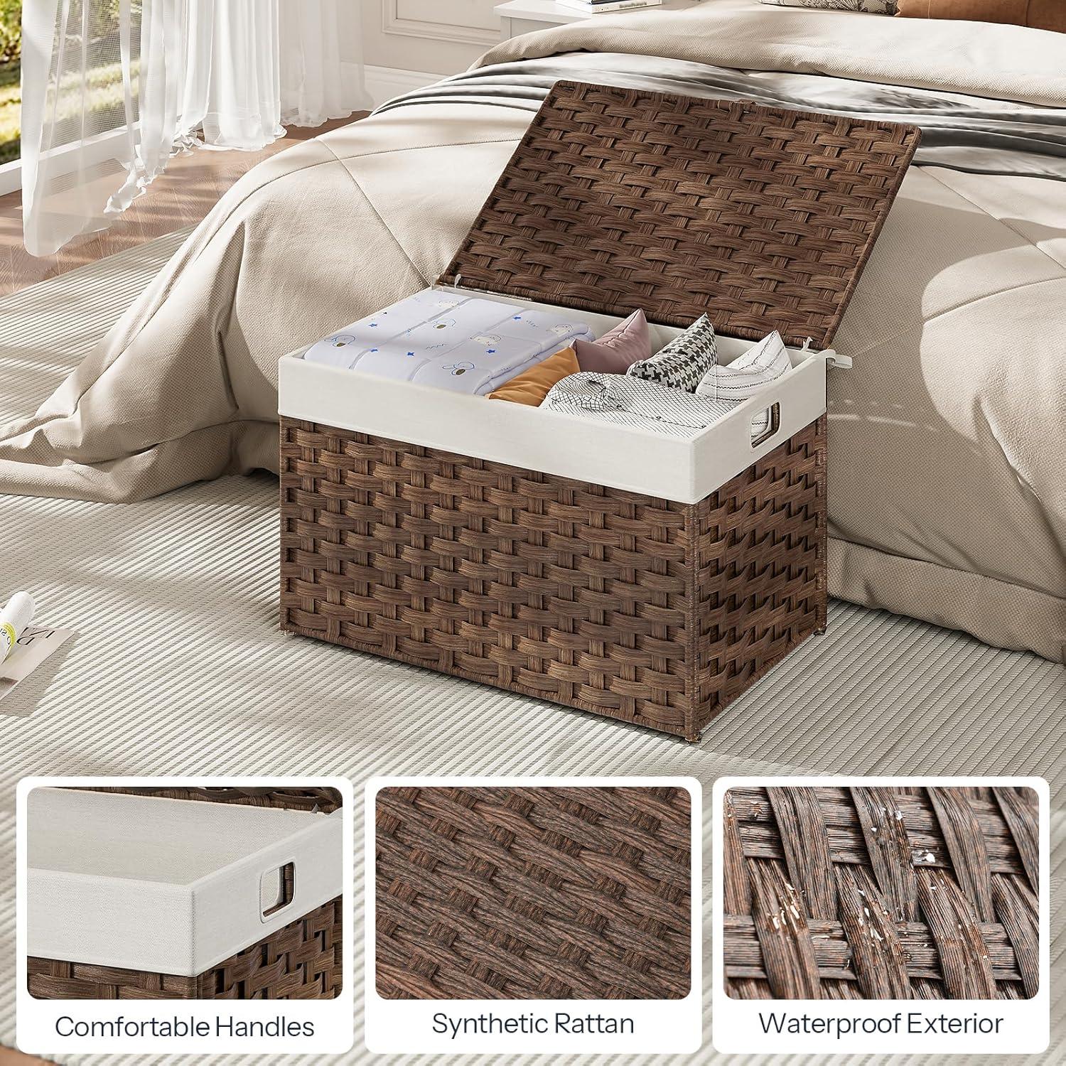 imageHOOBRO Storage Basket with Lid 172 Gallon 65L Wicker Basket Handwoven Blanket Storage Basket with Handles Metal Frame and Soft Lining Foldable for Bedroom Laundry Room Natural NL265CW01Brown