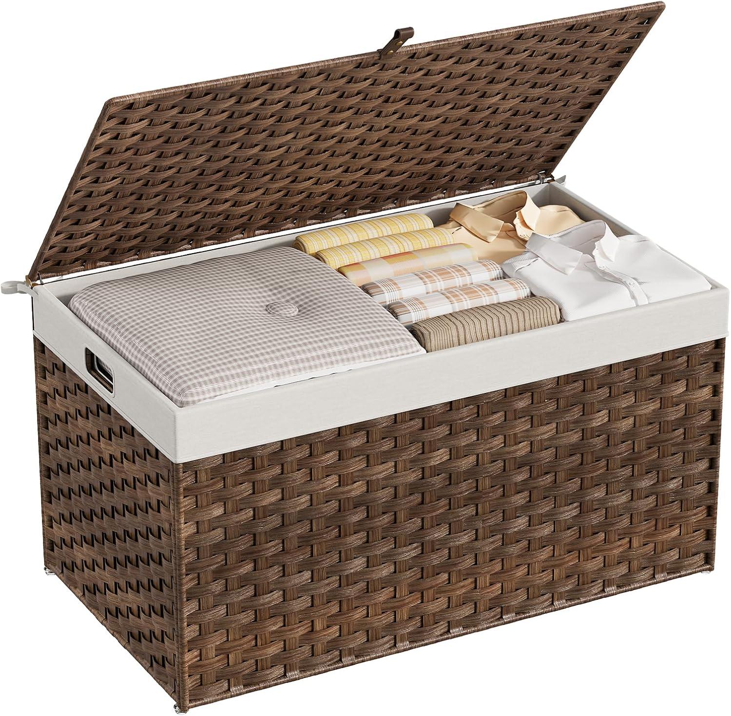 imageHOOBRO Storage Basket with Lid 172 Gallon 65L Wicker Basket Handwoven Blanket Storage Basket with Handles Metal Frame and Soft Lining Foldable for Bedroom Laundry Room Natural NL265CW01Brown