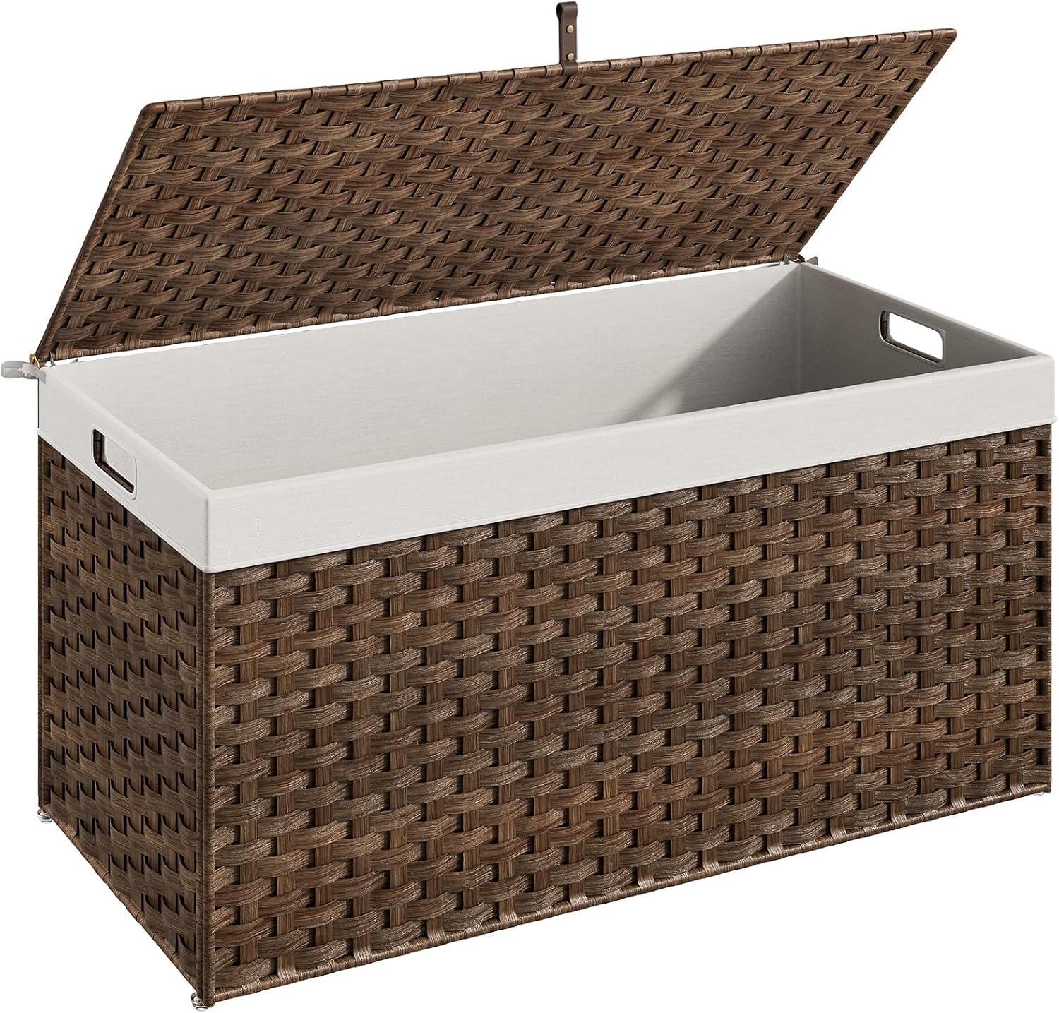 imageHOOBRO Storage Basket with Lid 172 Gallon 65L Wicker Basket Handwoven Blanket Storage Basket with Handles Metal Frame and Soft Lining Foldable for Bedroom Laundry Room Natural NL265CW01Brown
