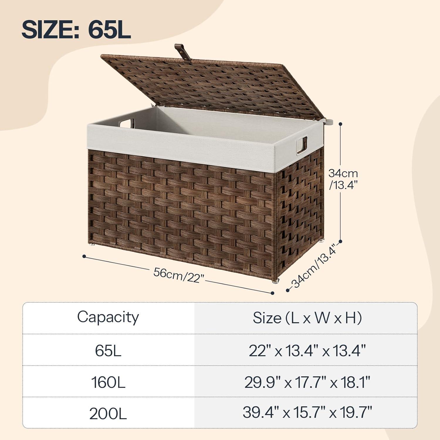imageHOOBRO Storage Basket with Lid 172 Gallon 65L Wicker Basket Handwoven Blanket Storage Basket with Handles Metal Frame and Soft Lining Foldable for Bedroom Laundry Room Natural NL265CW01Brown
