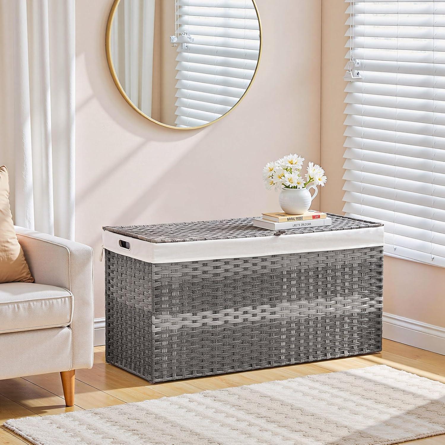 imageHOOBRO Storage Basket with Lid 172 Gallon 65L Wicker Basket Handwoven Blanket Storage Basket with Handles Metal Frame and Soft Lining Foldable for Bedroom Laundry Room Natural NL265CW01Gray