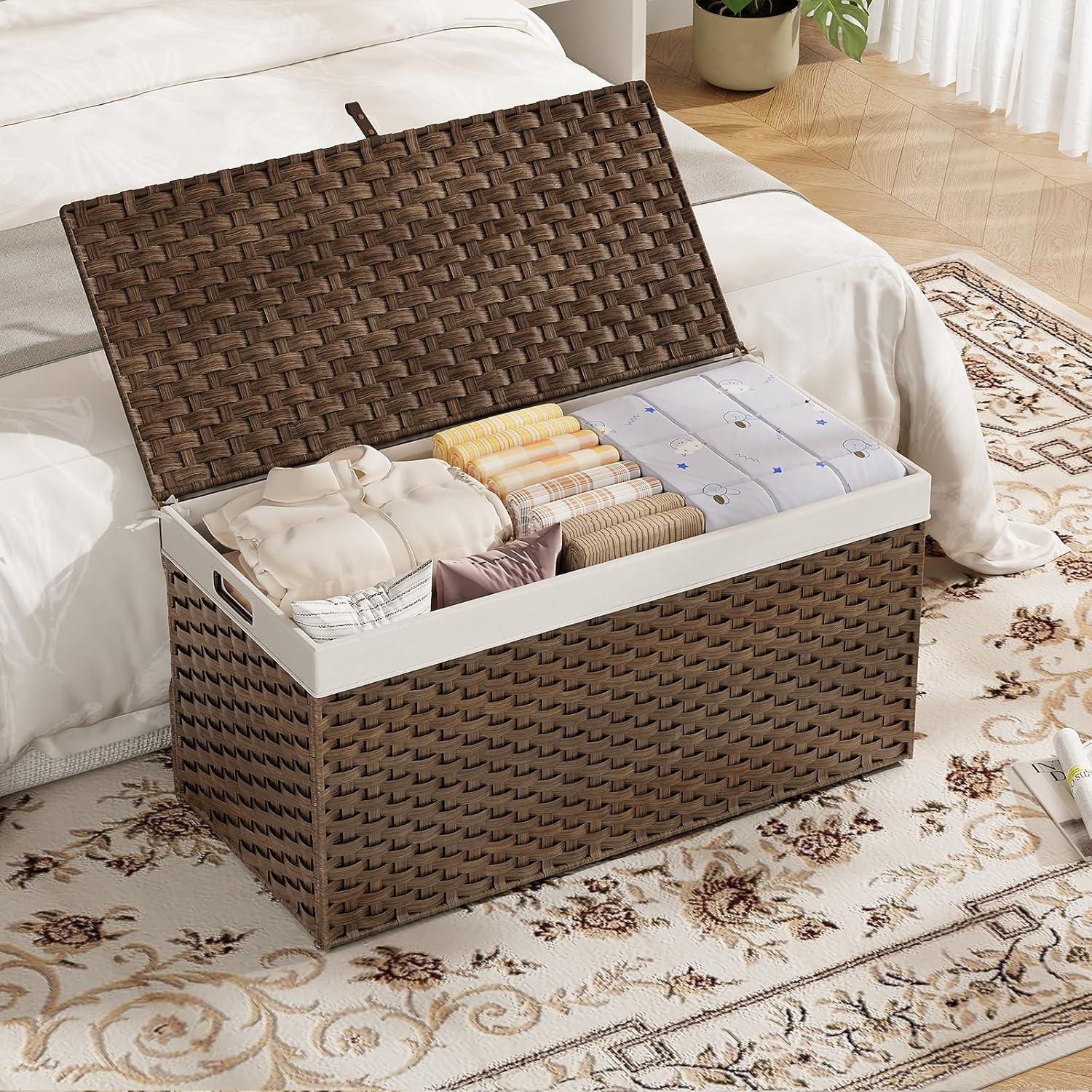 imageHOOBRO Storage Basket with Lid 172 Gallon 65L Wicker Basket Handwoven Blanket Storage Basket with Handles Metal Frame and Soft Lining Foldable for Bedroom Laundry Room Natural NL265CW01Brown