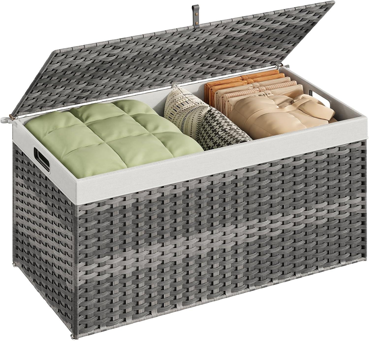 imageHOOBRO Storage Basket with Lid 172 Gallon 65L Wicker Basket Handwoven Blanket Storage Basket with Handles Metal Frame and Soft Lining Foldable for Bedroom Laundry Room Natural NL265CW01Gray