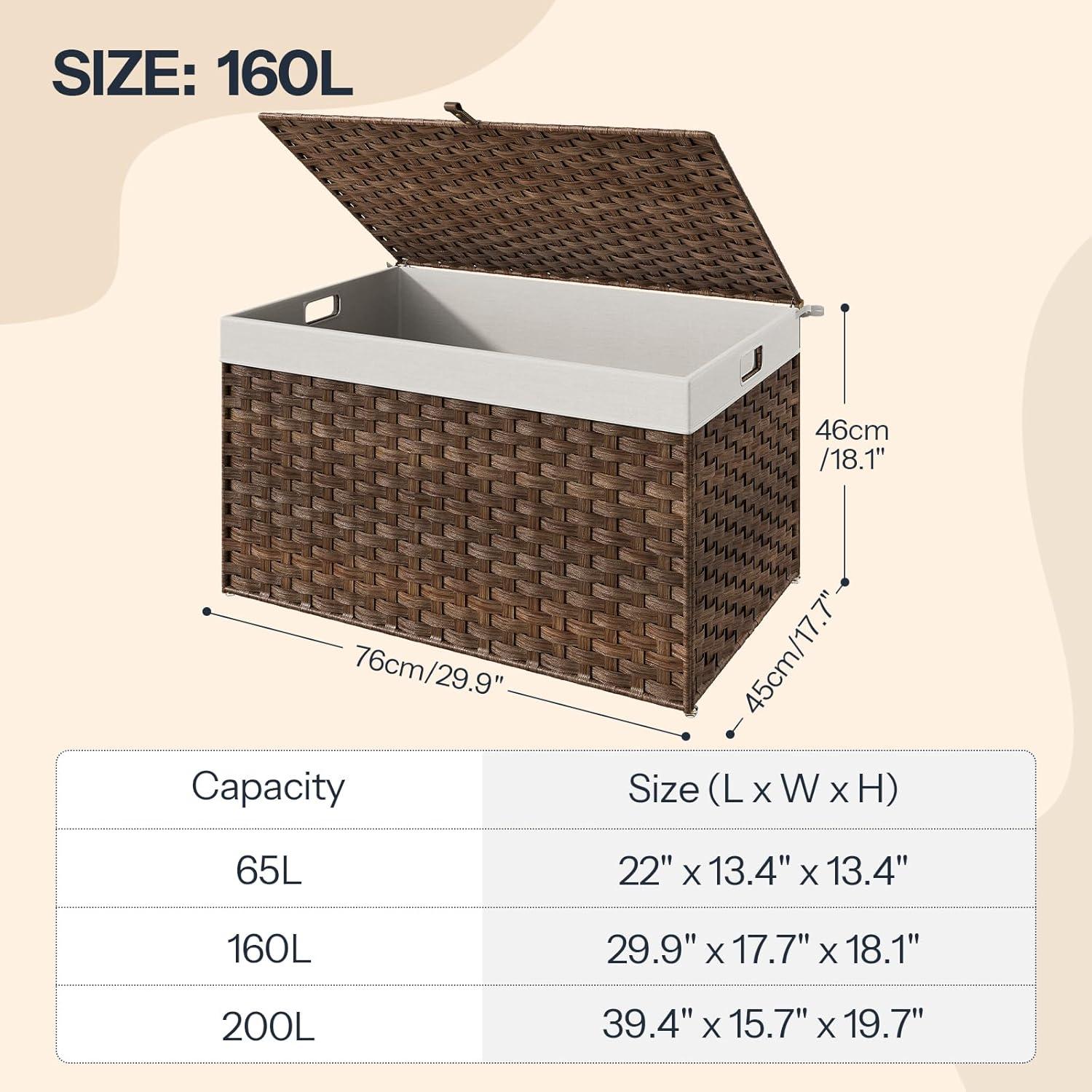 imageHOOBRO Storage Basket with Lid 172 Gallon 65L Wicker Basket Handwoven Blanket Storage Basket with Handles Metal Frame and Soft Lining Foldable for Bedroom Laundry Room Natural NL265CW01Brown