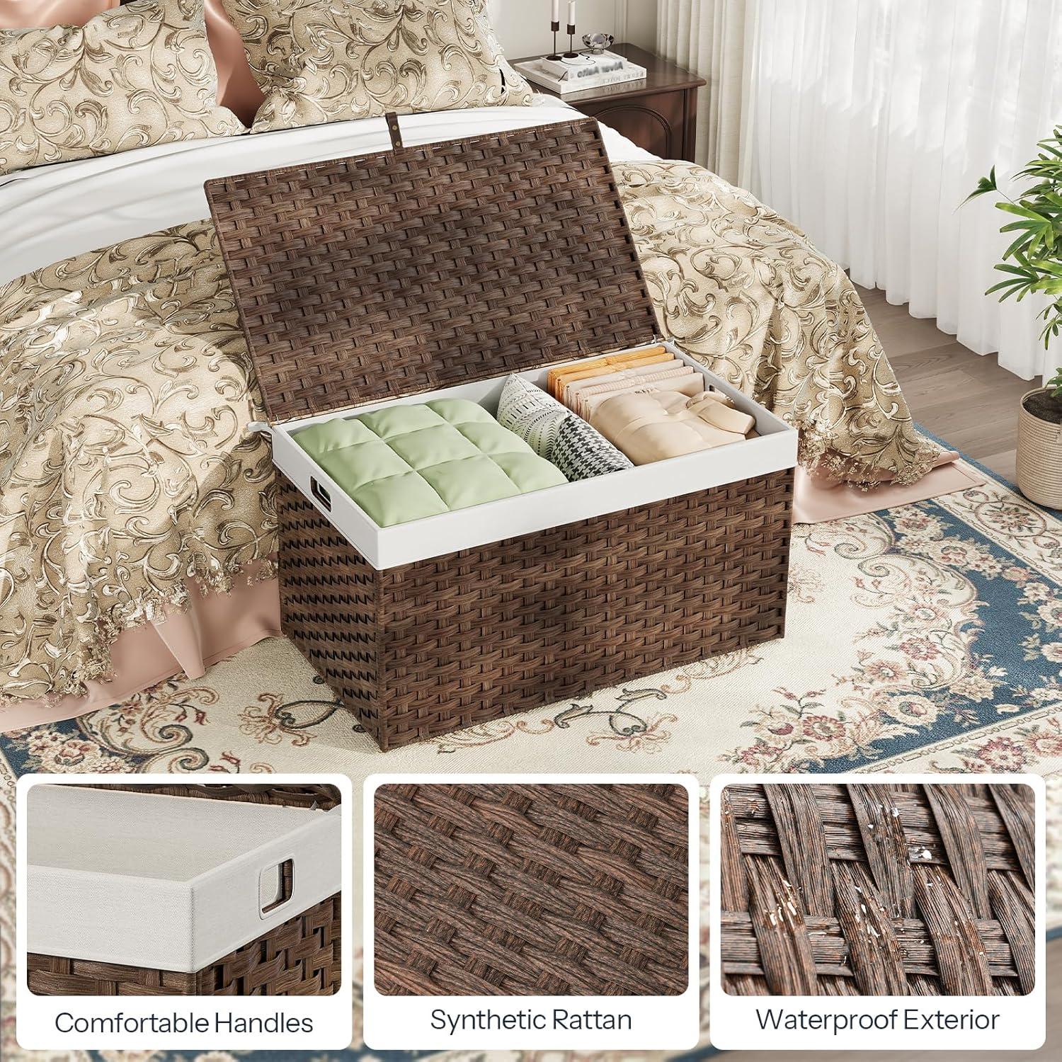 imageHOOBRO Storage Basket with Lid 172 Gallon 65L Wicker Basket Handwoven Blanket Storage Basket with Handles Metal Frame and Soft Lining Foldable for Bedroom Laundry Room Natural NL265CW01Brown
