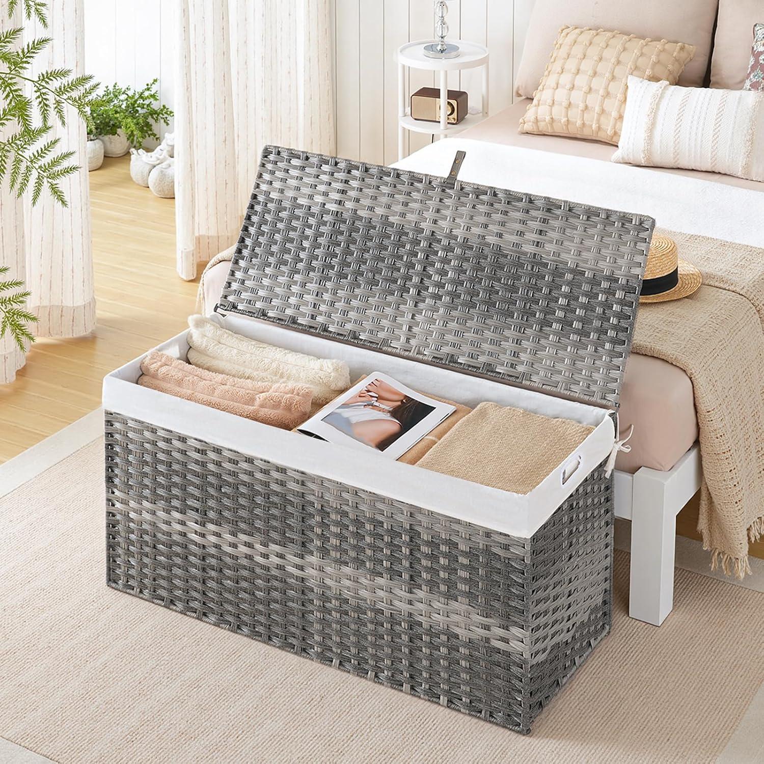 imageHOOBRO Storage Basket with Lid 172 Gallon 65L Wicker Basket Handwoven Blanket Storage Basket with Handles Metal Frame and Soft Lining Foldable for Bedroom Laundry Room Natural NL265CW01Gray