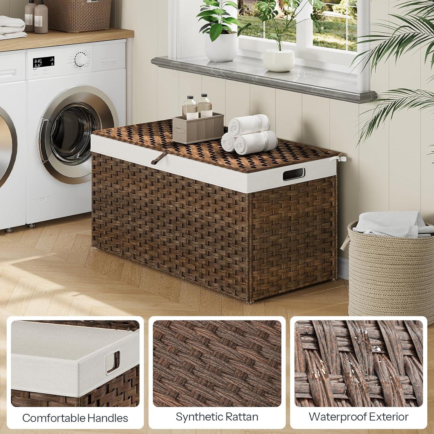 imageHOOBRO Storage Basket with Lid 172 Gallon 65L Wicker Basket Handwoven Blanket Storage Basket with Handles Metal Frame and Soft Lining Foldable for Bedroom Laundry Room Natural NL265CW01Brown