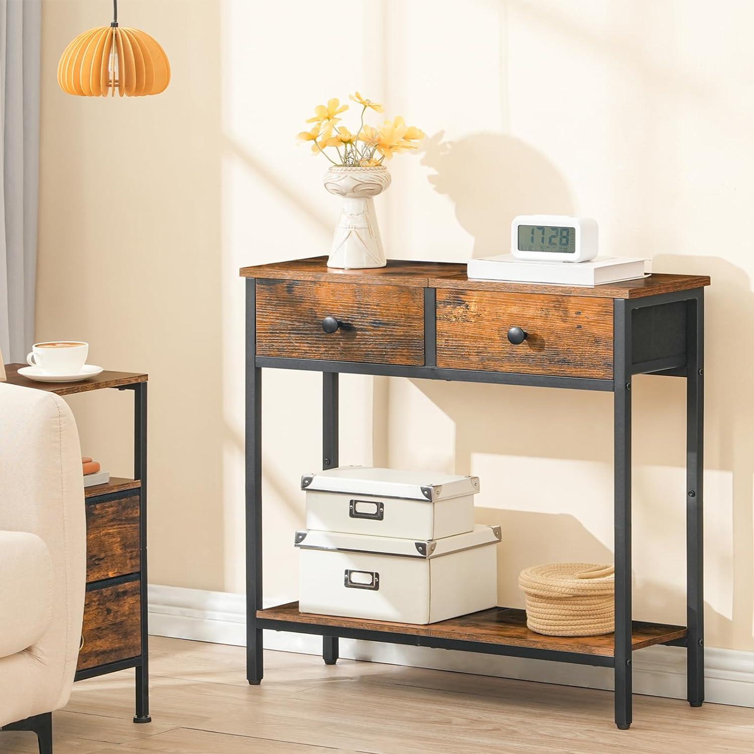 imageHOOBRO 295 Narrow Console Table with 2 Fabric Drawers Small Entryway Table with 2Tier Storage Shelves Sofa Table Behind Couch Table for Living Room Hallway Rustic Brown and Black BF71XG01Rustic Brown and Black
