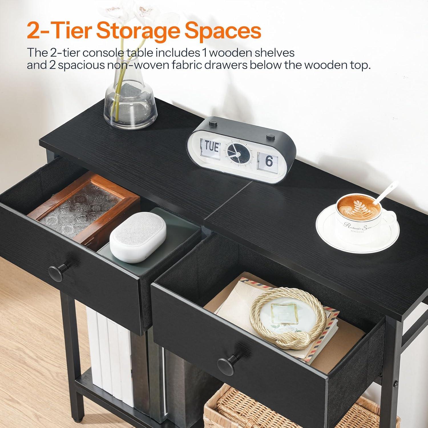 imageHOOBRO 295 Narrow Console Table with 2 Fabric Drawers Small Entryway Table with 2Tier Storage Shelves Sofa Table Behind Couch Table for Living Room Hallway Rustic Brown and Black BF71XG01Black