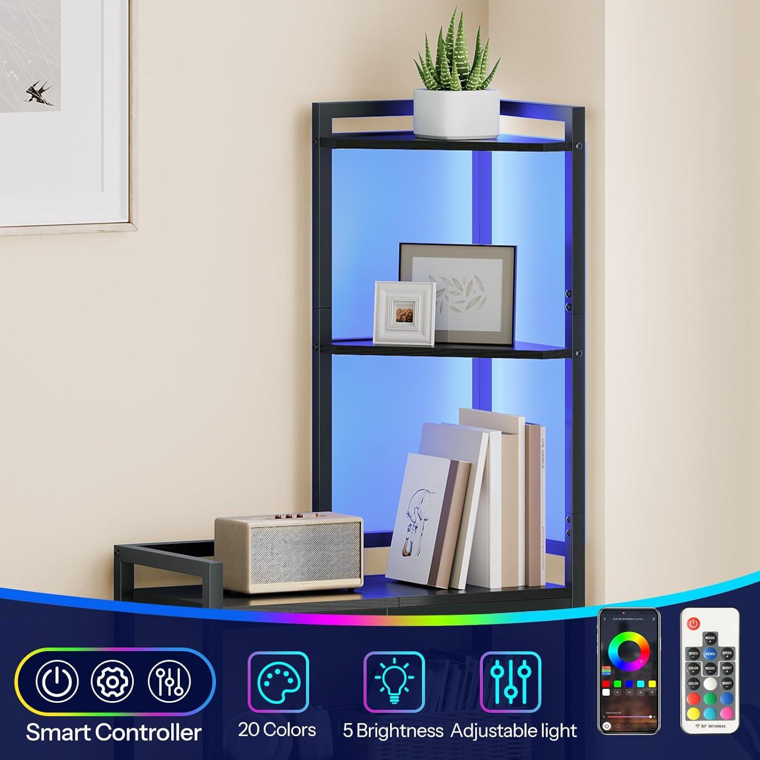 imageHOOBRO 5Tier Corner Shelf Stand Corner Shelf with LED Light 563 Tall Corner Bookshelf Display Rack Storage Organizer with Table for Small Spaces Living Room Entryway Rustic Brown BF69DCJ01Black