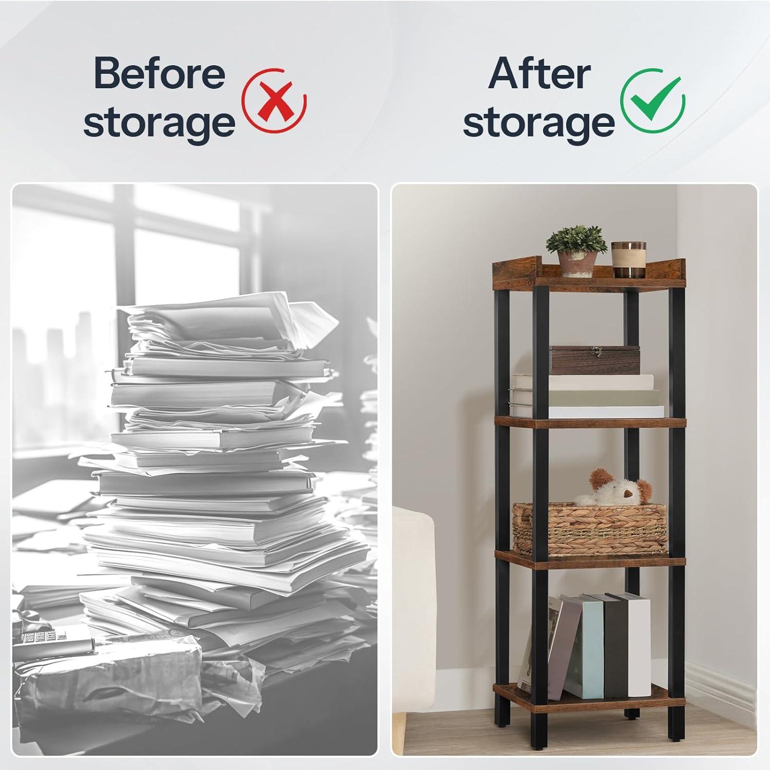 imageHOOBRO Small Bookcase Industrial Style Bookshelf for Narrow Spaces 4Tier Square Book Shelf Stand Wooden Storage Rack Display Shelf Corner Shelf for Living Room Rustic Brown and Black BF08CJ01Rustic Brown Black