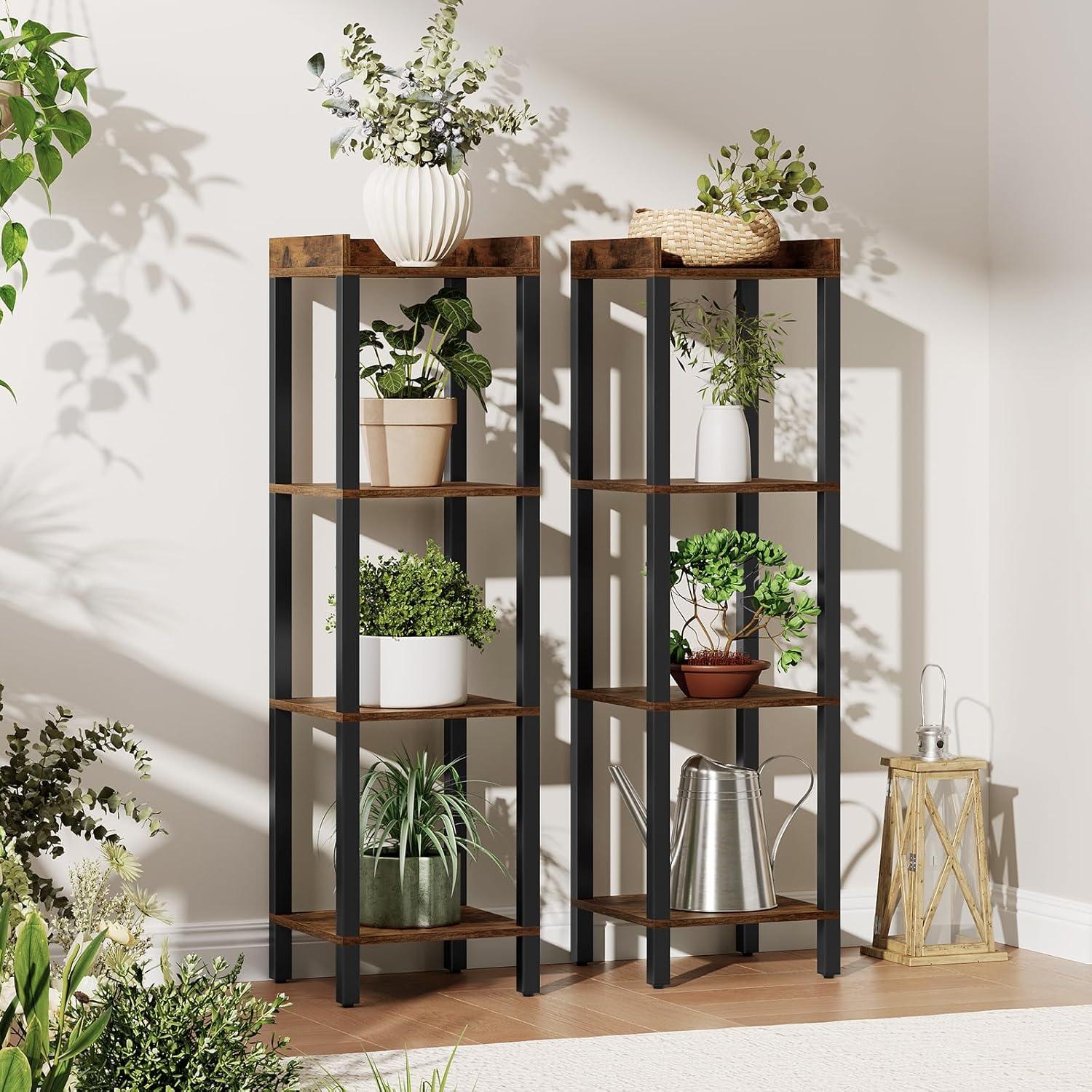 imageHOOBRO Small Bookcase Industrial Style Bookshelf for Narrow Spaces 4Tier Square Book Shelf Stand Wooden Storage Rack Display Shelf Corner Shelf for Living Room Rustic Brown and Black BF08CJ01Rustic Brown Black
