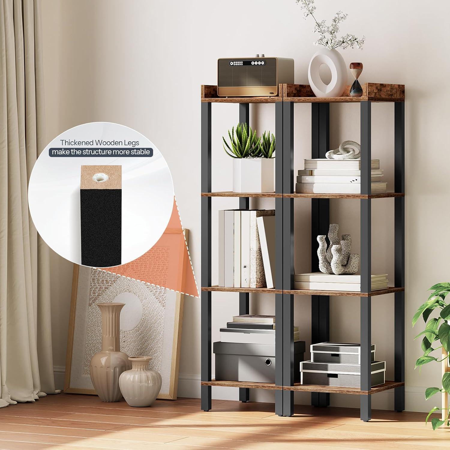 imageHOOBRO Small Bookcase Industrial Style Bookshelf for Narrow Spaces 4Tier Square Book Shelf Stand Wooden Storage Rack Display Shelf Corner Shelf for Living Room Rustic Brown and Black BF08CJ01Rustic Brown Black