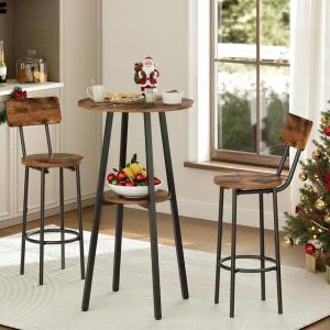 HOOBRO 3 Pieces Round Bar Height Table and Chairs Set, Round Dining Table Set, Pub Table and Chairs for Small Space, 2 Tier Kitchen Table and Bar Stools with Back, Rustic Brown BF35BT01