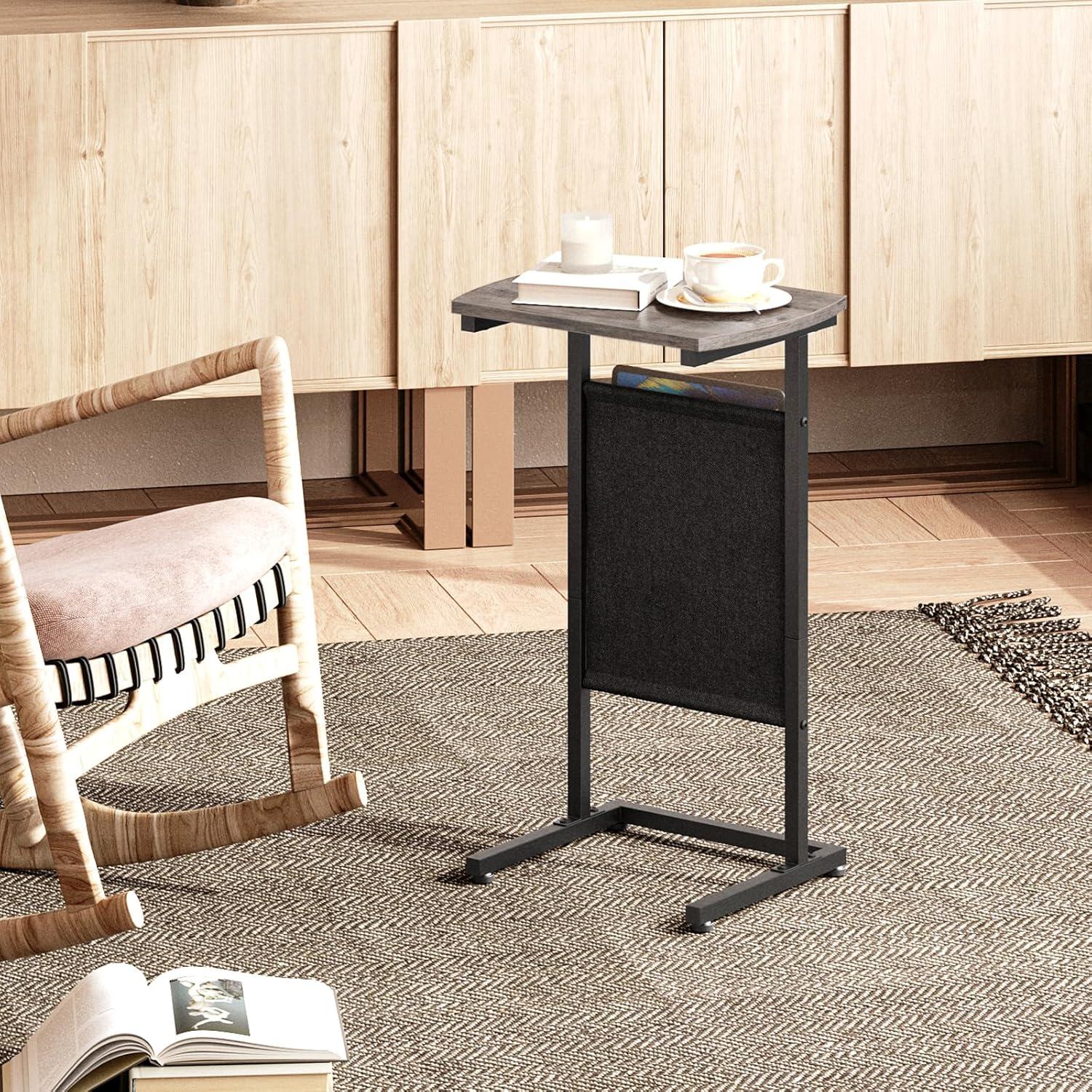 imageHOOBRO C Shaped End Table 283 Side Table for Small Spaces Couch Table with Storage Bag Slide Under Sofa Side Table for Living Room Bedroom Rustic Brown and Black BF40SF01Greige Black