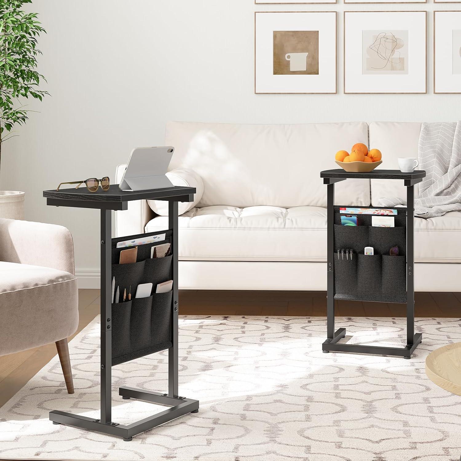 imageHOOBRO C Shaped End Table 283 Side Table for Small Spaces Couch Table with Storage Bag Slide Under Sofa Side Table for Living Room Bedroom Rustic Brown and Black BF40SF01Black