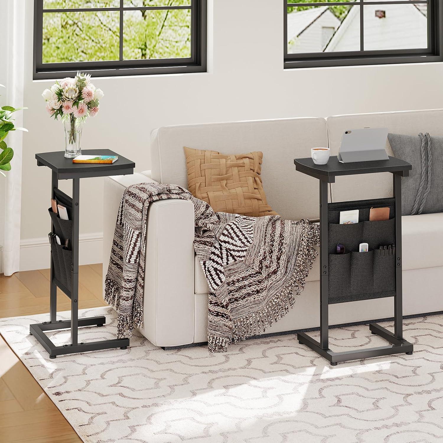 imageHOOBRO C Shaped End Table 283 Side Table for Small Spaces Couch Table with Storage Bag Slide Under Sofa Side Table for Living Room Bedroom Rustic Brown and Black BF40SF01Black