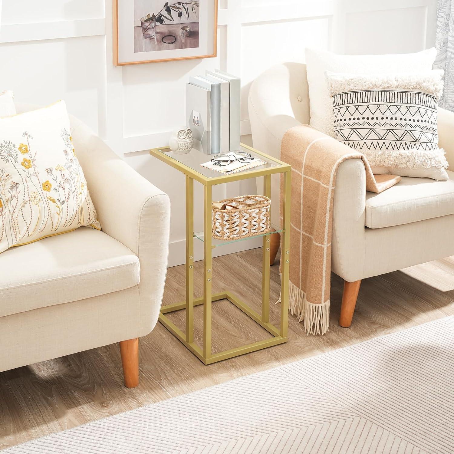 imageHOOBRO C Shaped End Table Small Side Table for Couch Gold Sofa Table with Tempered Glass Coffee Table Slide Under Couch for Living Room Bedside Bathroom Gold GD08SF01