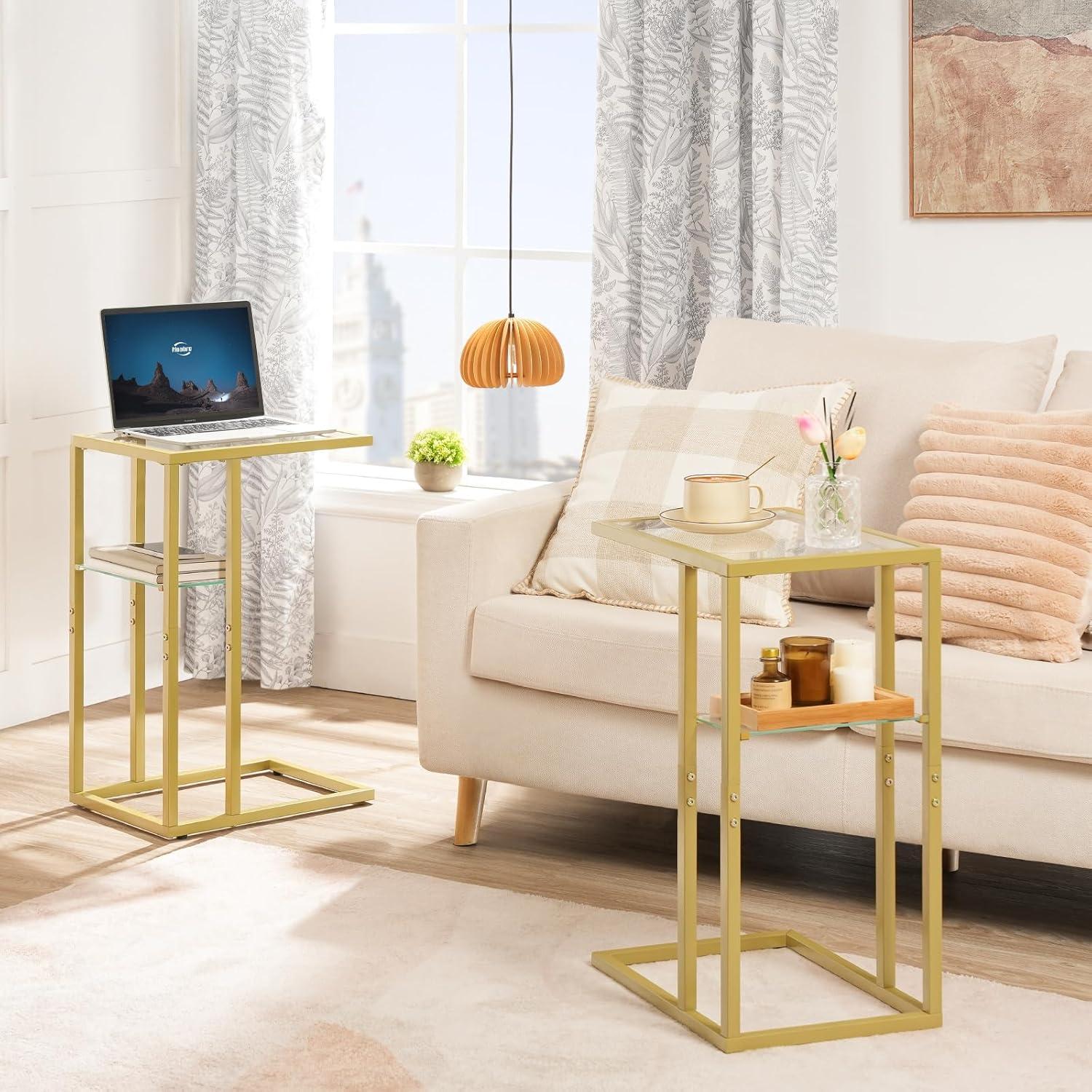 imageHOOBRO C Shaped End Table Small Side Table for Couch Gold Sofa Table with Tempered Glass Coffee Table Slide Under Couch for Living Room Bedside Bathroom Gold GD08SF01