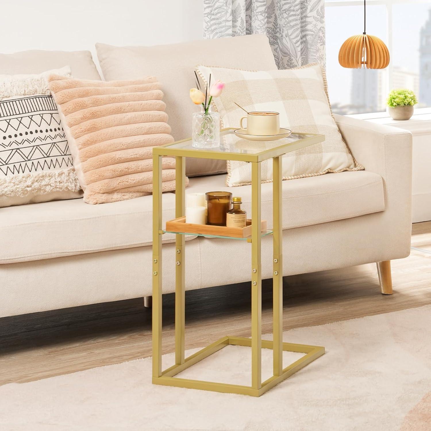 imageHOOBRO C Shaped End Table Small Side Table for Couch Gold Sofa Table with Tempered Glass Coffee Table Slide Under Couch for Living Room Bedside Bathroom Gold GD08SF01
