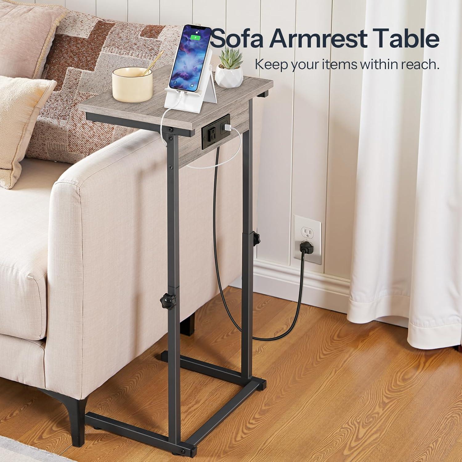 imageHOOBRO CShaped End Table with Charging Station Adjustable Height Sofa Tray Arm Table Slide Under Couch Table Small C Side Table for Small Space in Living Room Bedroom Rustic Brown BF71USF01Greige Black