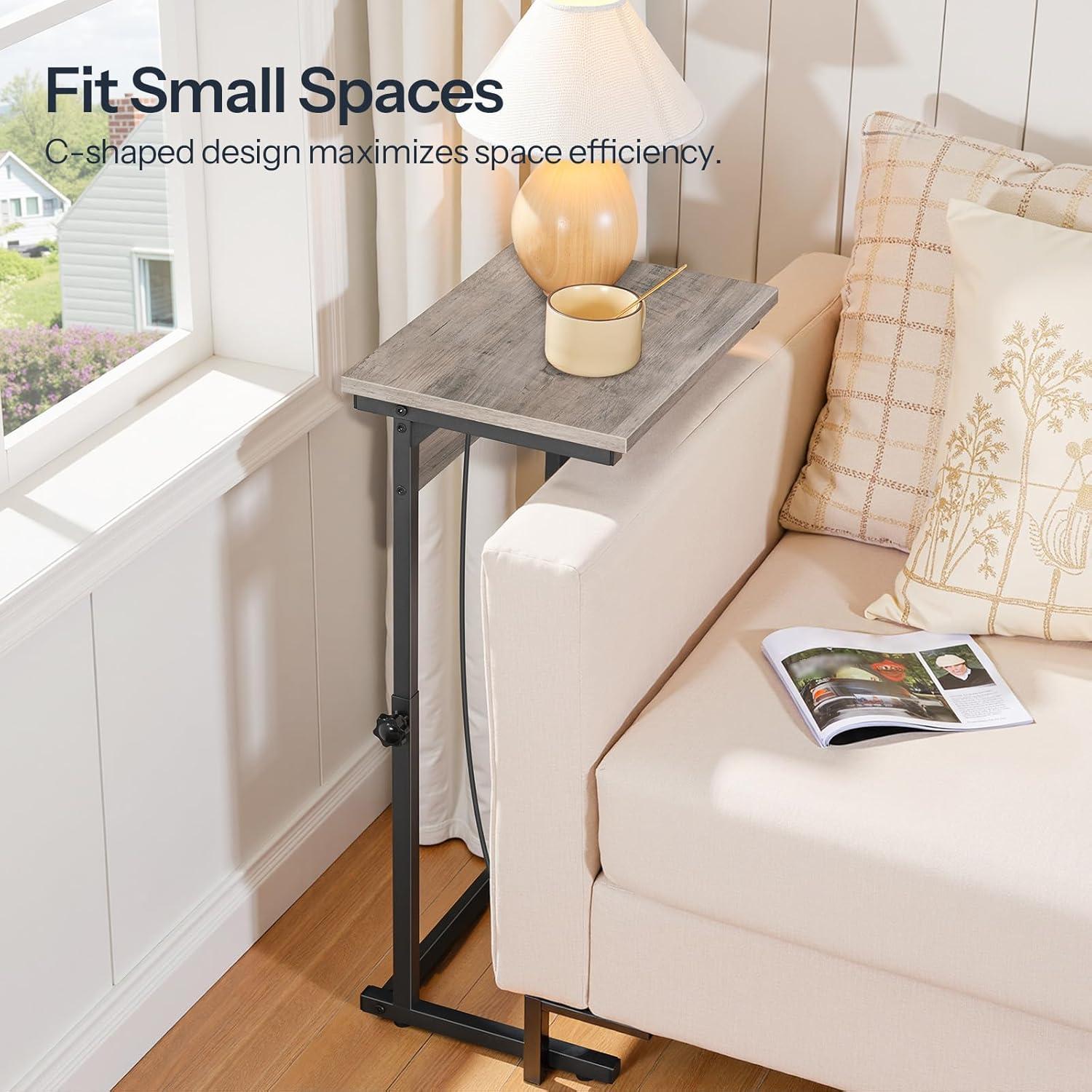 imageHOOBRO CShaped End Table with Charging Station Adjustable Height Sofa Tray Arm Table Slide Under Couch Table Small C Side Table for Small Space in Living Room Bedroom Rustic Brown BF71USF01Greige Black