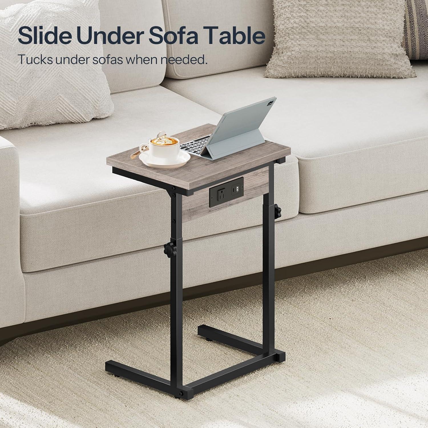imageHOOBRO CShaped End Table with Charging Station Adjustable Height Sofa Tray Arm Table Slide Under Couch Table Small C Side Table for Small Space in Living Room Bedroom Rustic Brown BF71USF01Greige Black