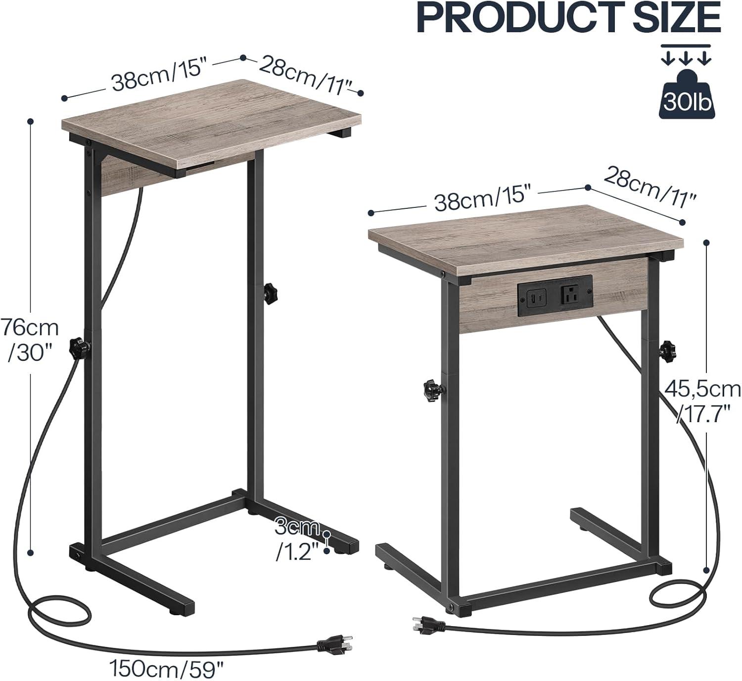 imageHOOBRO CShaped End Table with Charging Station Adjustable Height Sofa Tray Arm Table Slide Under Couch Table Small C Side Table for Small Space in Living Room Bedroom Rustic Brown BF71USF01Greige Black