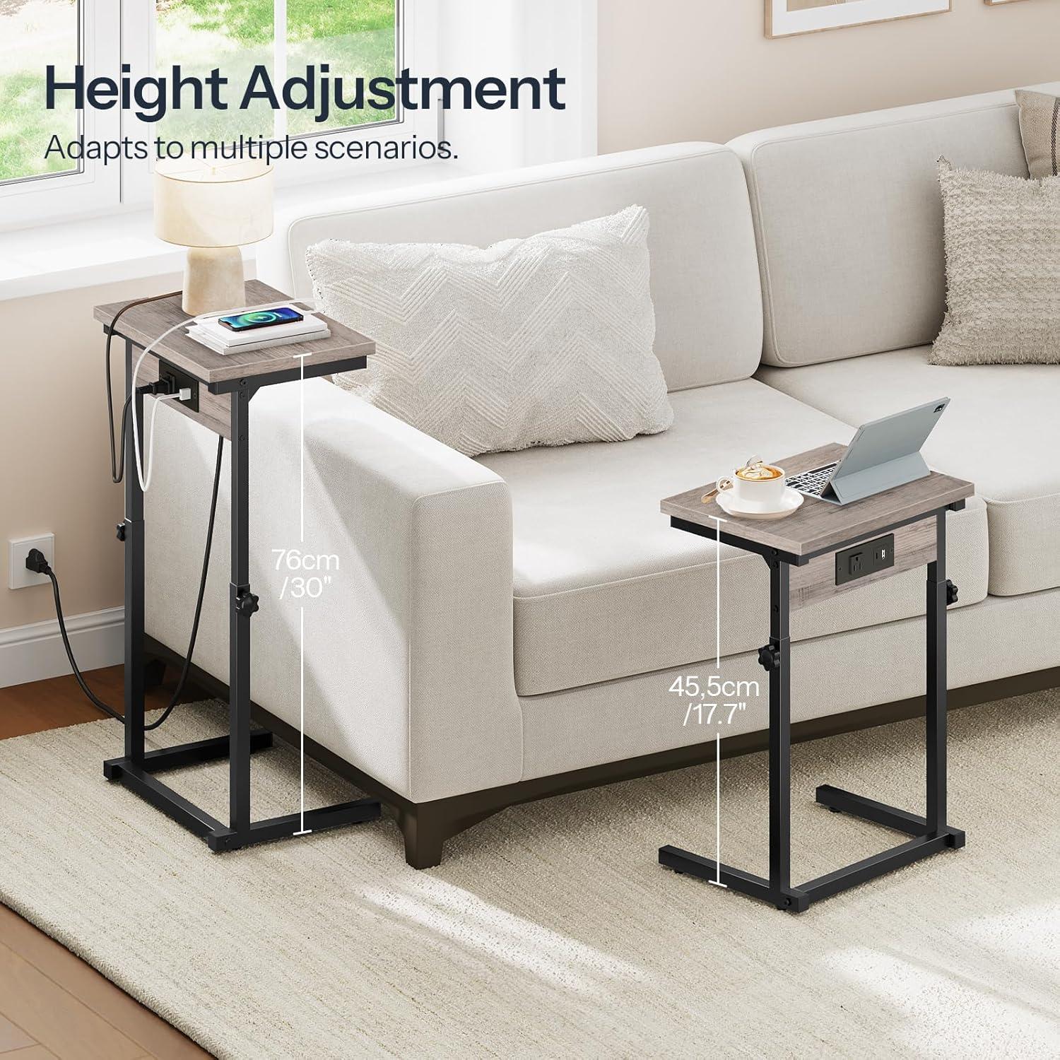 imageHOOBRO CShaped End Table with Charging Station Adjustable Height Sofa Tray Arm Table Slide Under Couch Table Small C Side Table for Small Space in Living Room Bedroom Rustic Brown BF71USF01Greige Black