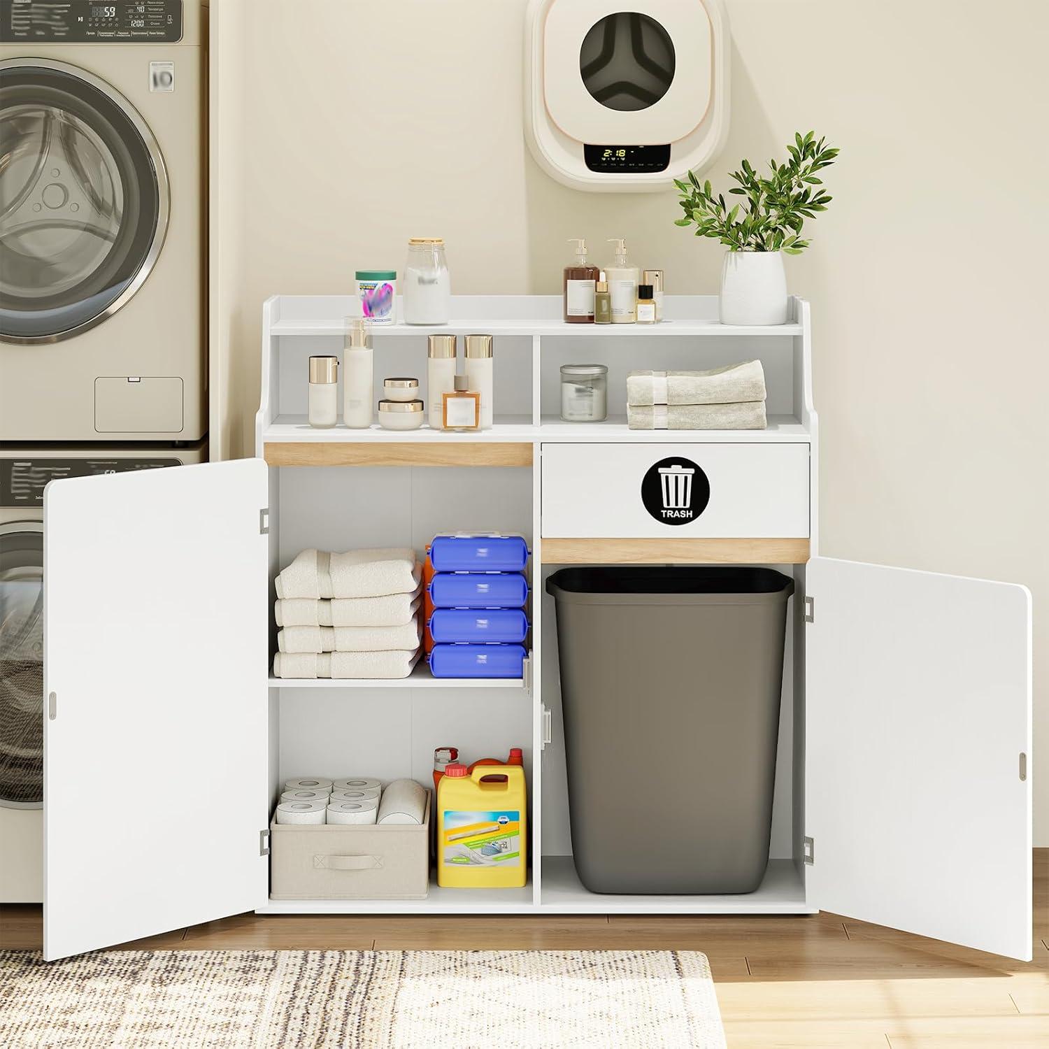imageHOOBRO Double Trash Cabinet 20 Gallon Trash Storage Kitchen Trash Can Cabinet Removable Shelf amp AntiTip Kit Hidden Trash Storage with Open CompartmentsWhite and Natural WN05LJ01
