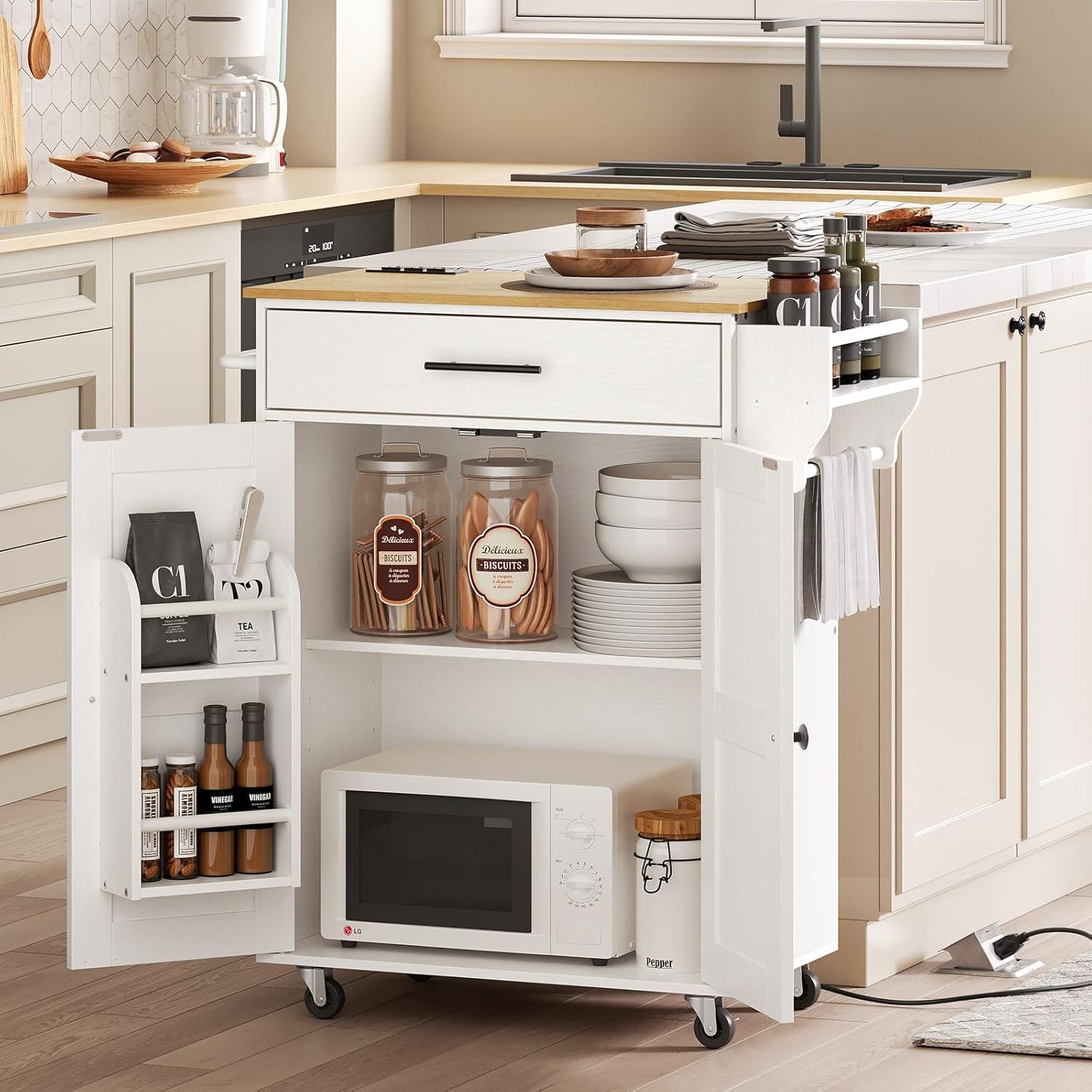 imageHOOBRO Kitchen Island with Power Outlet Kitchen Storage Island with Large Worktop Spice Rack and Drawer Rolling Island on Wheels for Dining Room White and Natural WN88UZD01Natural White