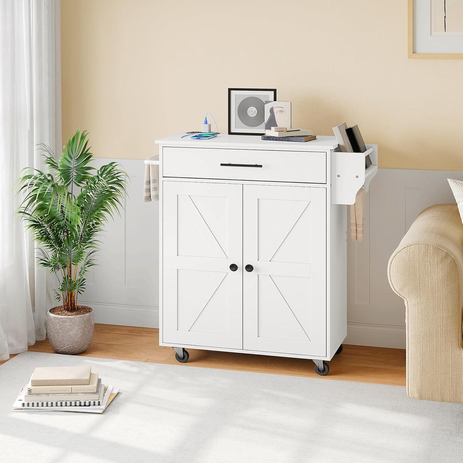 imageHOOBRO Kitchen Island with Power Outlet Kitchen Storage Island with Large Worktop Spice Rack and Drawer Rolling Island on Wheels for Dining Room White and Natural WN88UZD01White