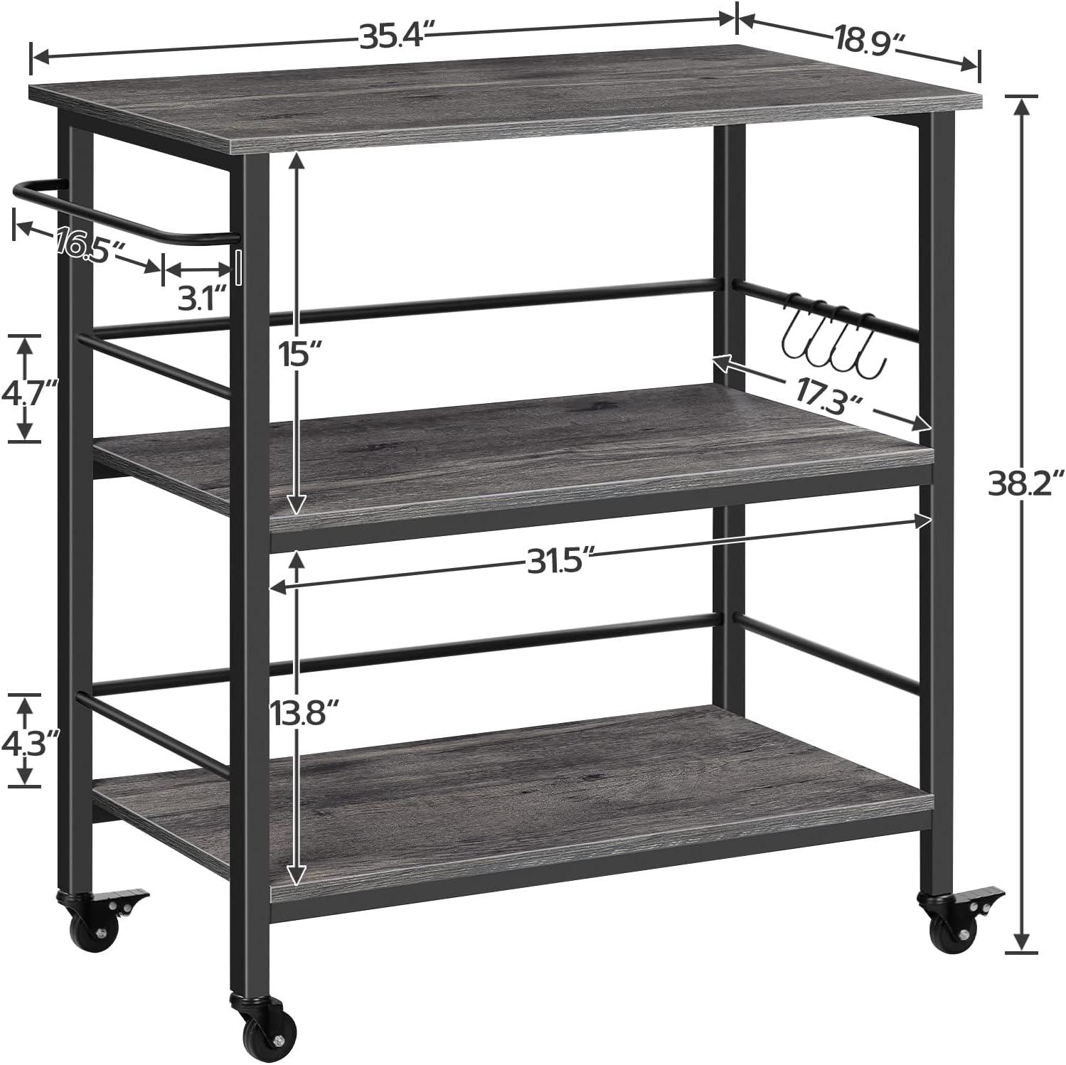 imageHOOBRO Kitchen Island with Storage Industrial Kitchen Counter with Hooks and Side Enclosures 3 Tier Kitchen Cart with Large Workstation Saving Space Easy Assembly Rustic Brown and Black BF03ZD01Charcoal Gray Black