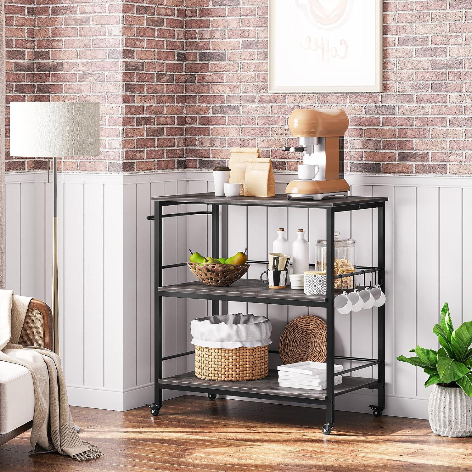 imageHOOBRO Kitchen Island with Storage Industrial Kitchen Counter with Hooks and Side Enclosures 3 Tier Kitchen Cart with Large Workstation Saving Space Easy Assembly Rustic Brown and Black BF03ZD01Charcoal Gray Black