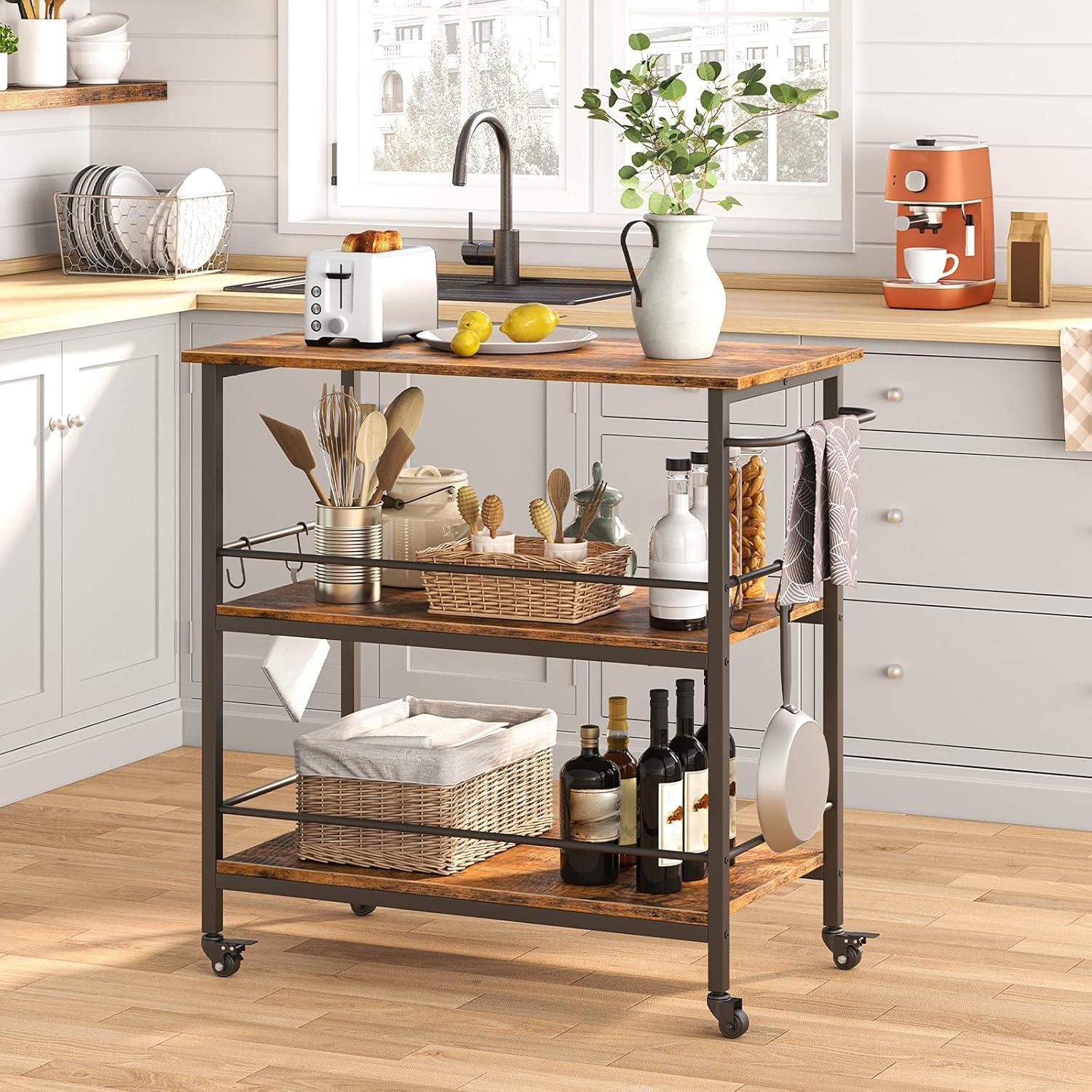 imageHOOBRO Kitchen Island with Storage Industrial Kitchen Counter with Hooks and Side Enclosures 3 Tier Kitchen Cart with Large Workstation Saving Space Easy Assembly Rustic Brown and Black BF03ZD01Rustic Brown Black
