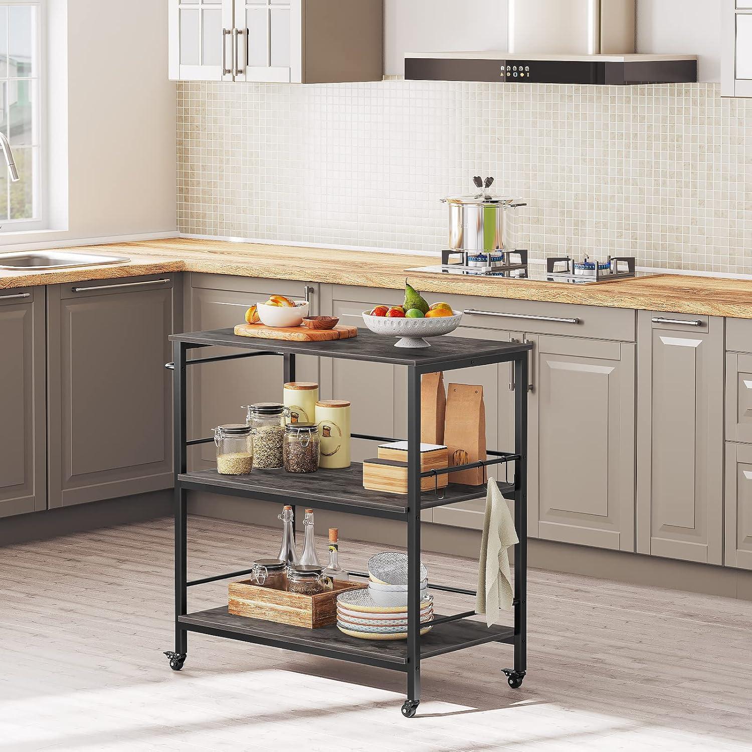 imageHOOBRO Kitchen Island with Storage Industrial Kitchen Counter with Hooks and Side Enclosures 3 Tier Kitchen Cart with Large Workstation Saving Space Easy Assembly Rustic Brown and Black BF03ZD01Charcoal Gray Black