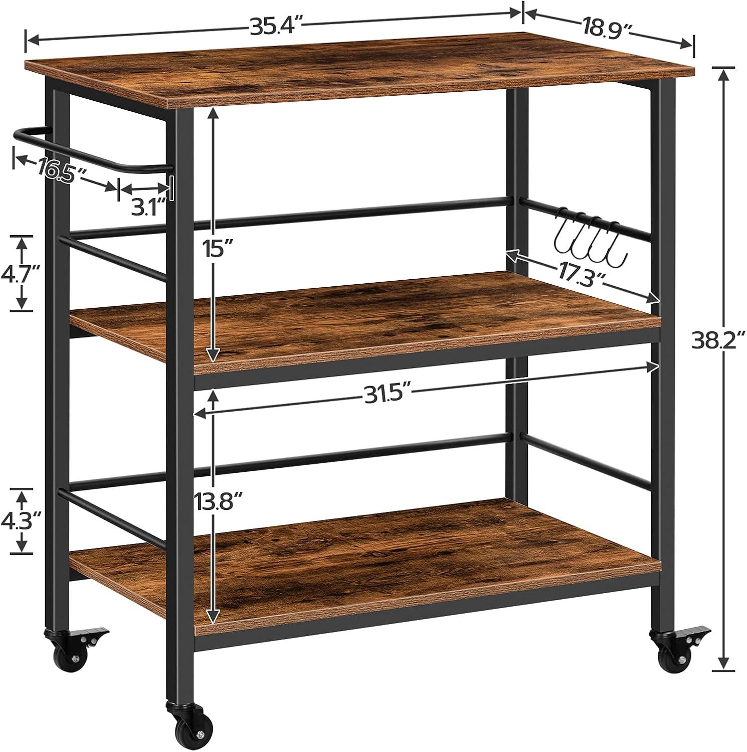 imageHOOBRO Kitchen Island with Storage Industrial Kitchen Counter with Hooks and Side Enclosures 3 Tier Kitchen Cart with Large Workstation Saving Space Easy Assembly Rustic Brown and Black BF03ZD01Rustic Brown Black